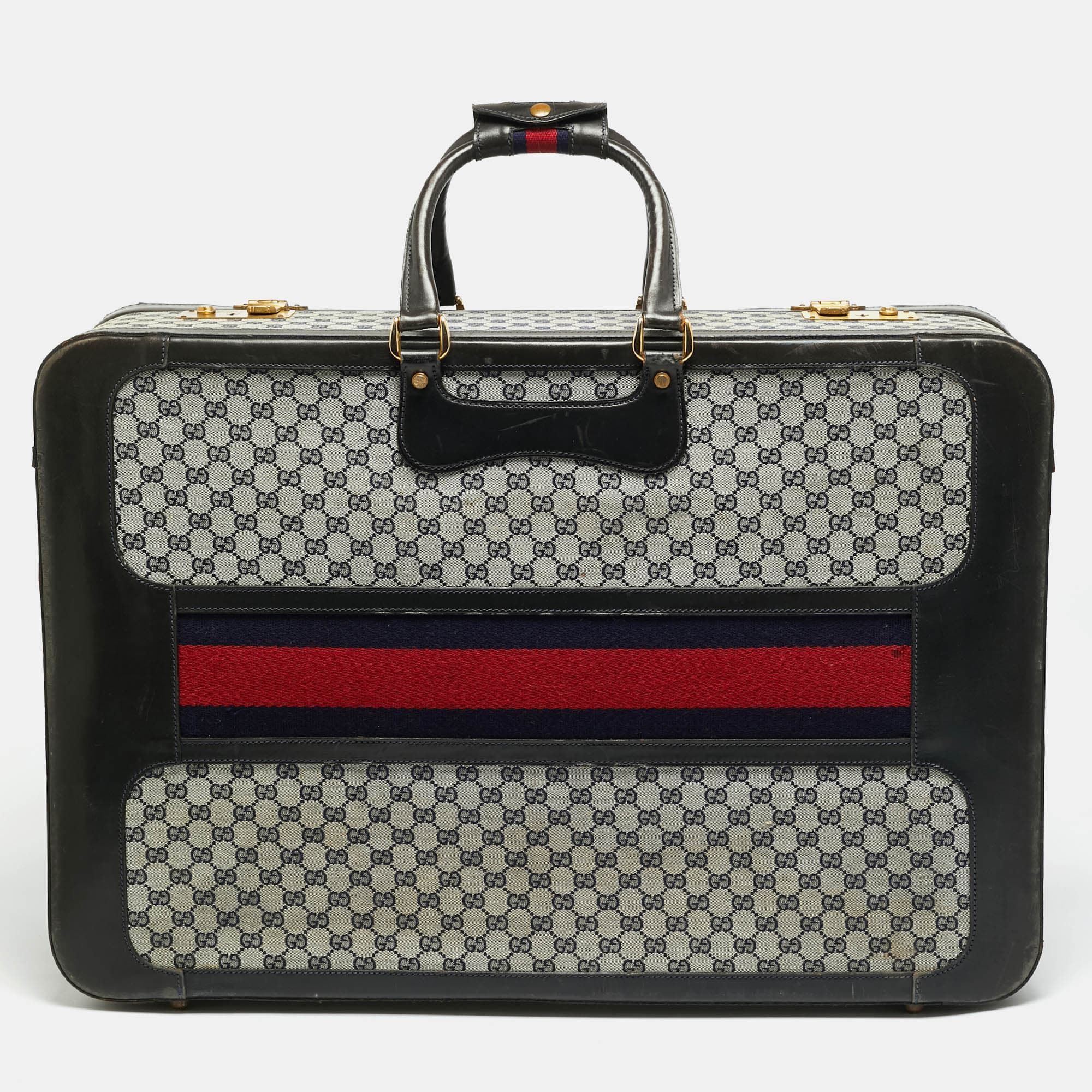 Gucci Black/Navy Blue GG Canvas and Leather Web Trunk Suitcase