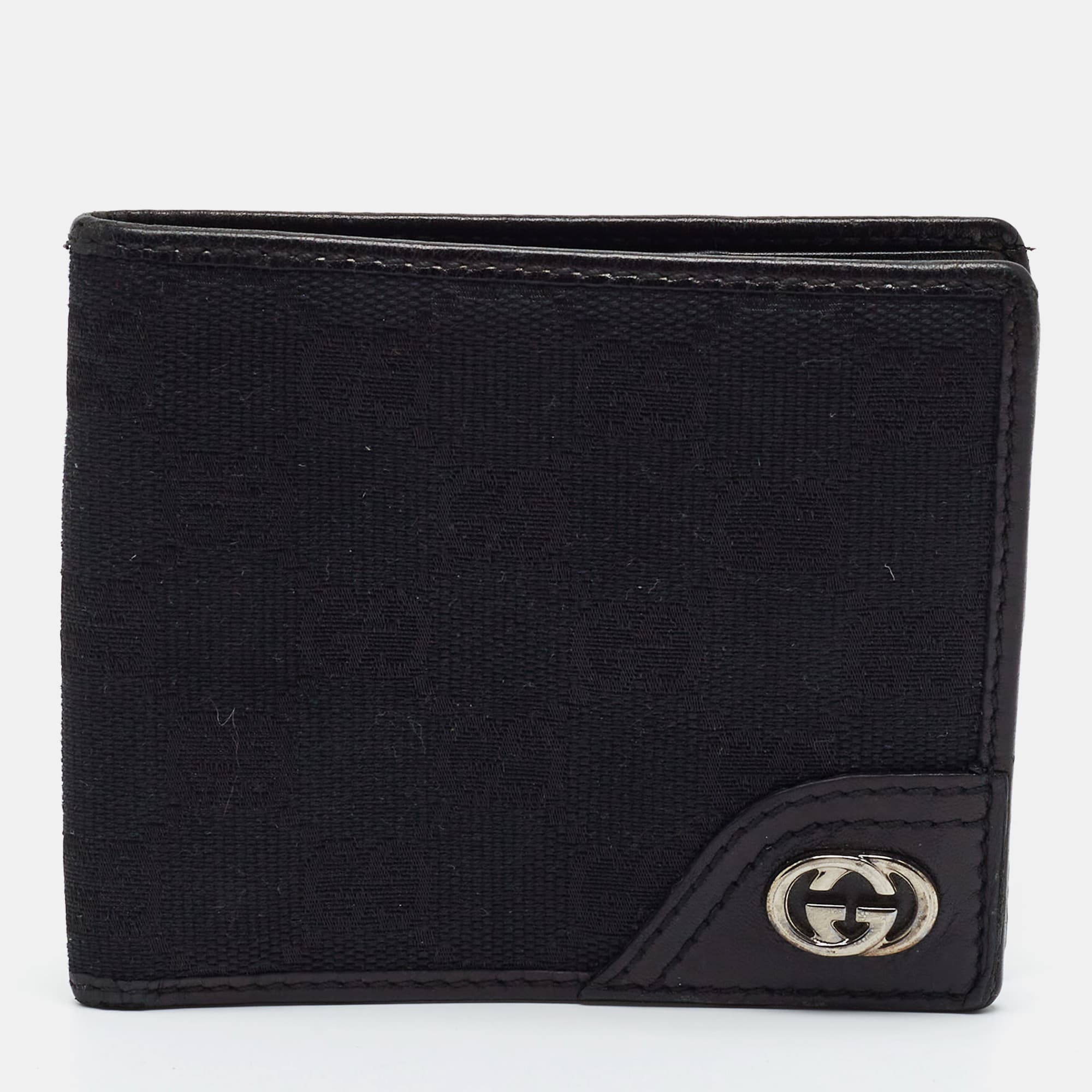 Gucci Interlocking G Black GG Canvas and Leather Bifold Wallet
