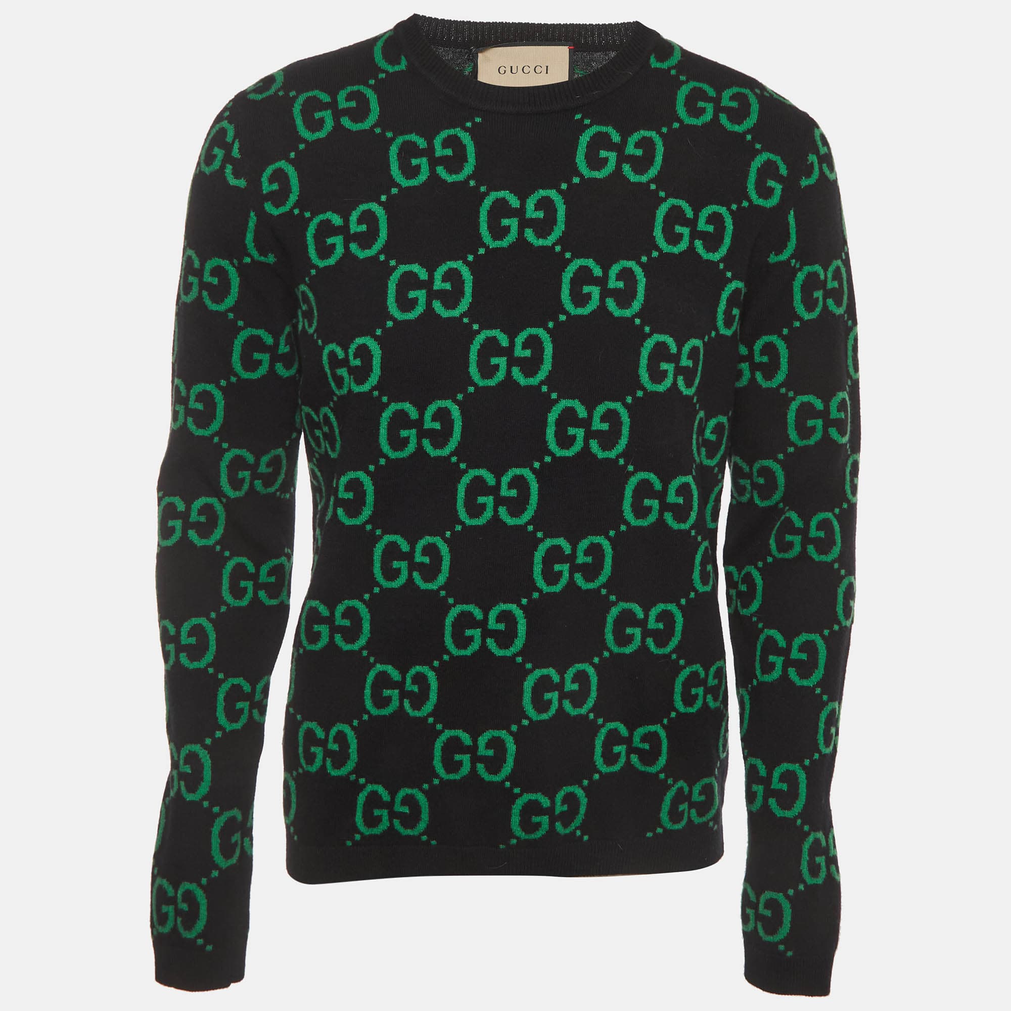 Gucci Black/Green GG Monogram Jacquard Knit Crewneck Pullover L