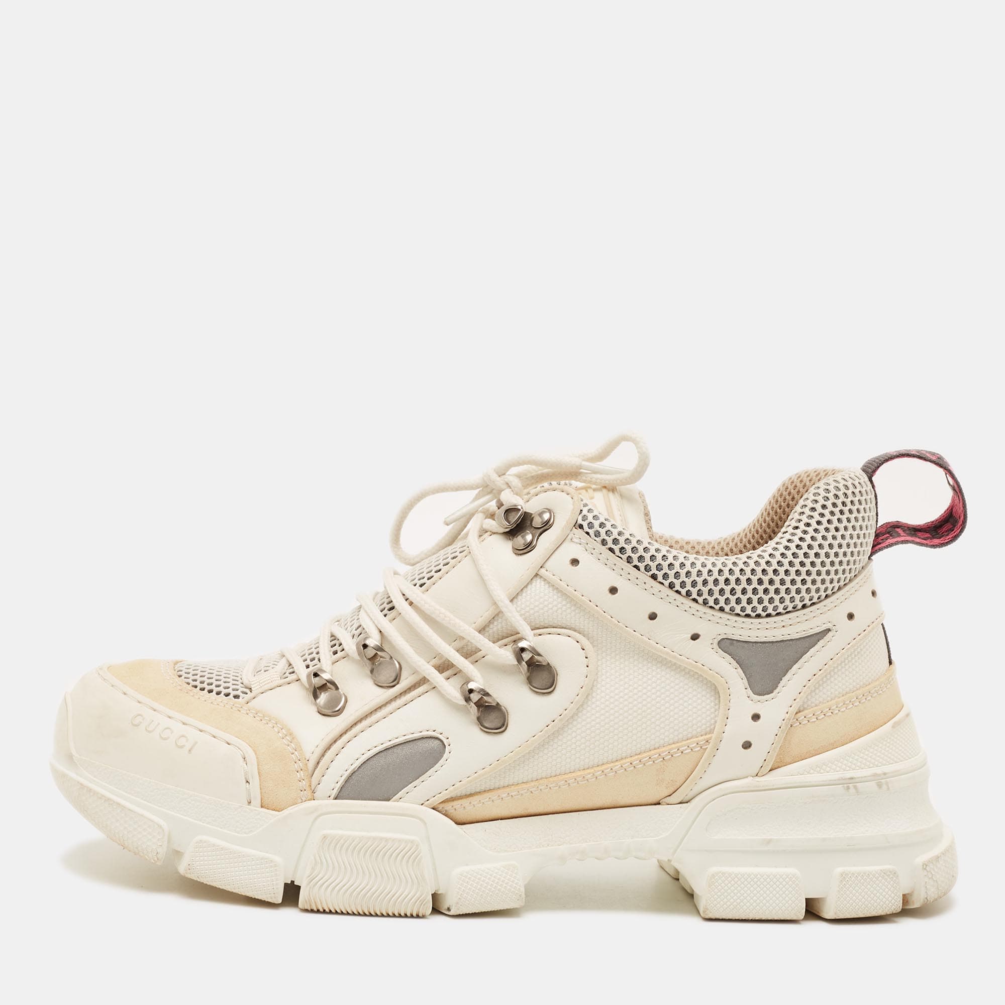 Gucci Flashtrek Size 40 White/Beige Leather, Mesh and Suede Lace Up Sneakers