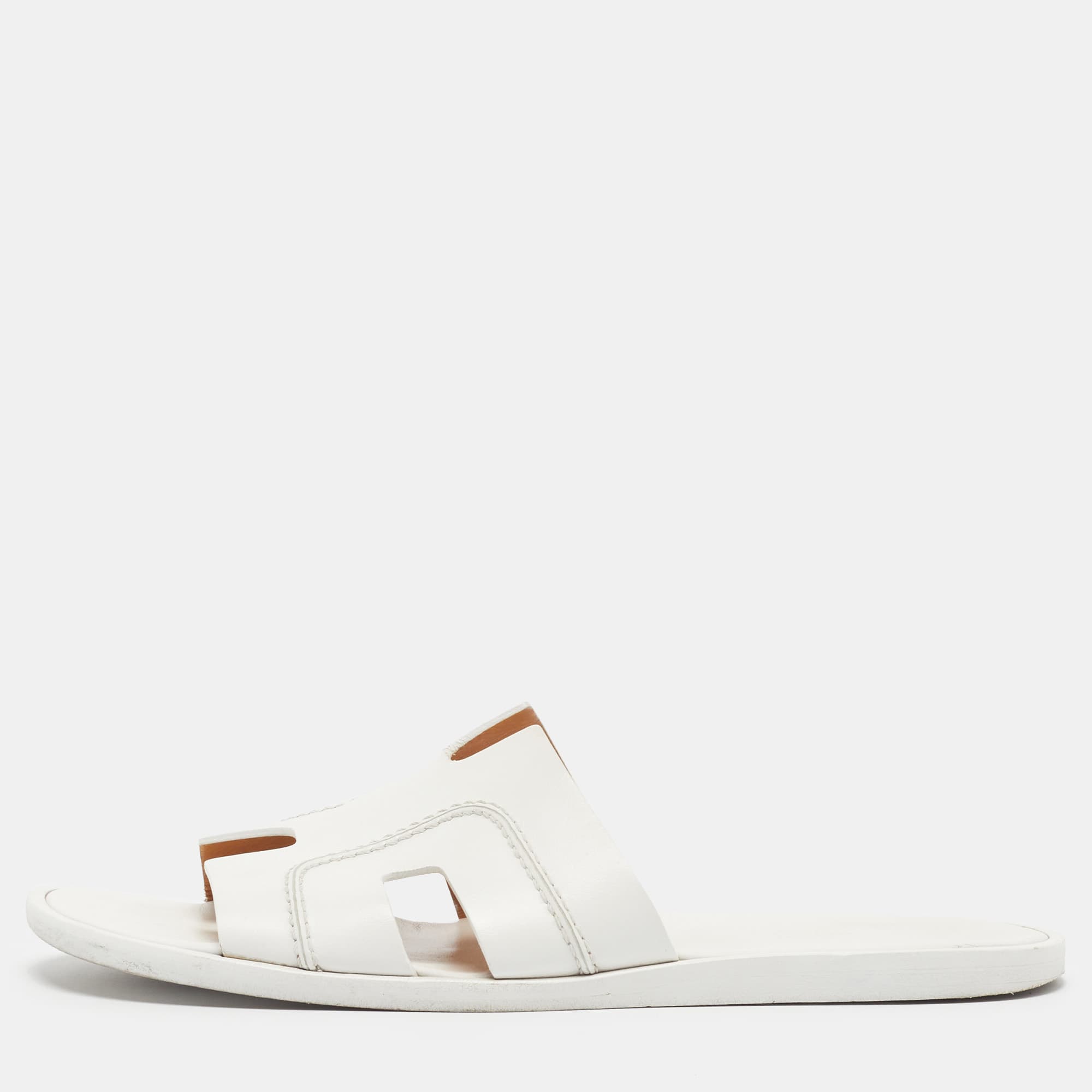 Hermes Izmir Size 43.5 White Leather Flat Slides