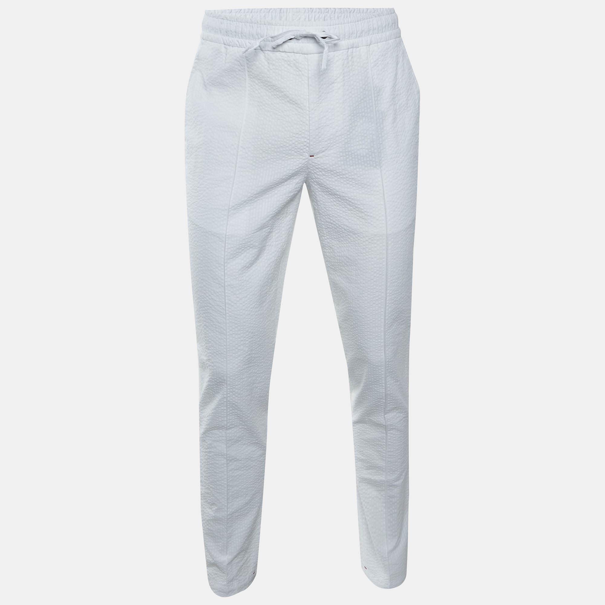 ISAIA Napoli White Striped Cotton Seersucker Drawstring Trousers L