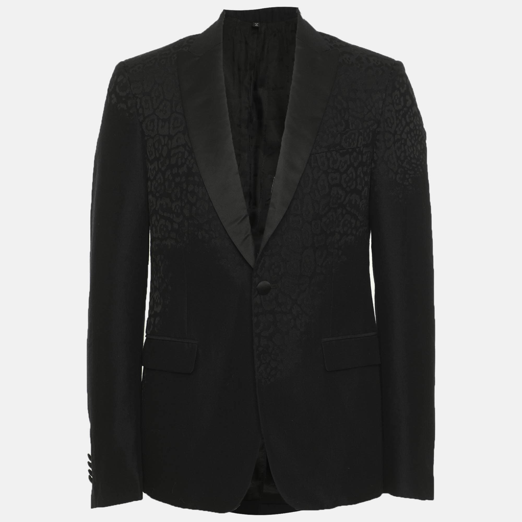 Just Cavalli Black Wool Blend Jacquard Leopard Print Single Breasted Blazer S