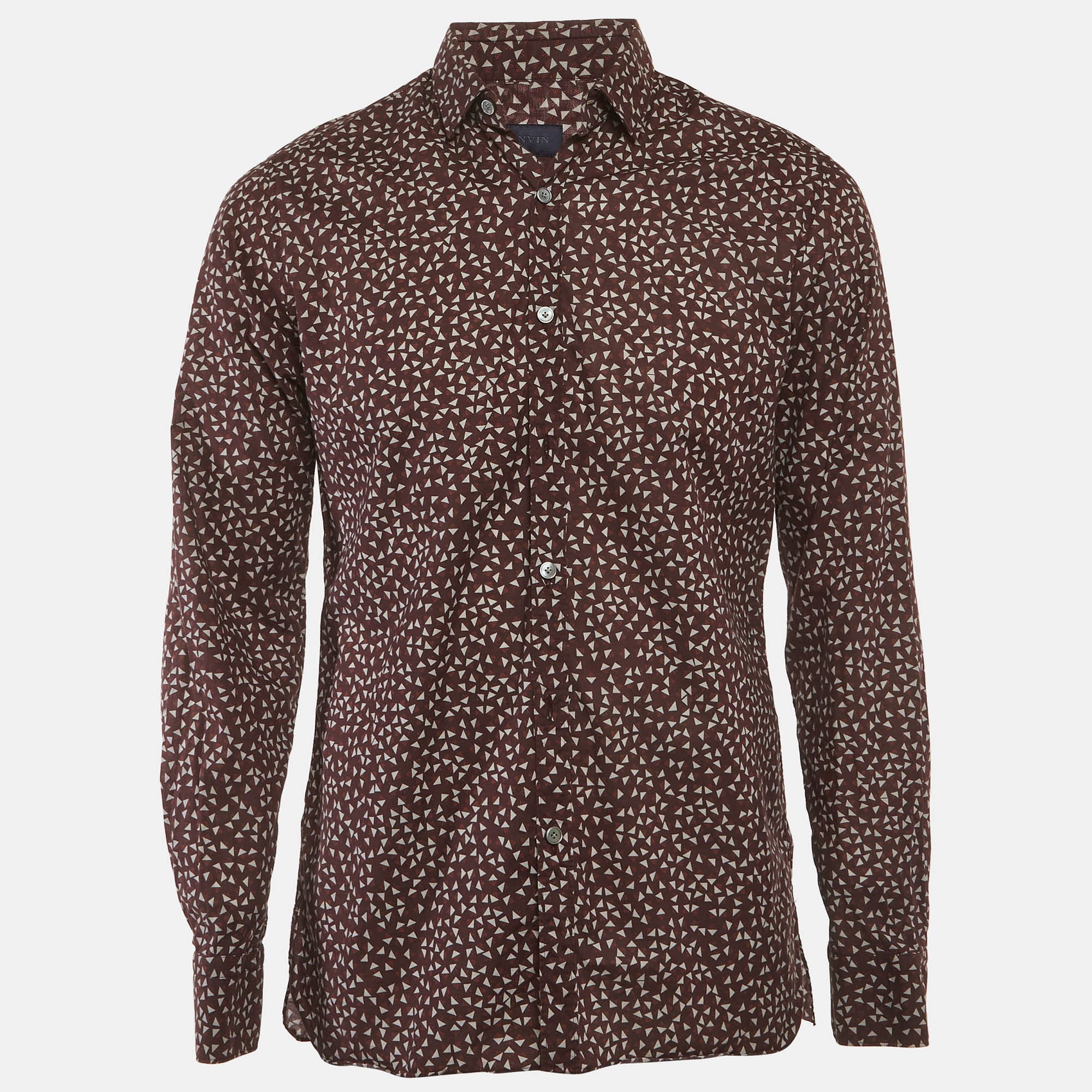Lanvin Burgundy Geometric Print Cotton Button Up Shirt L