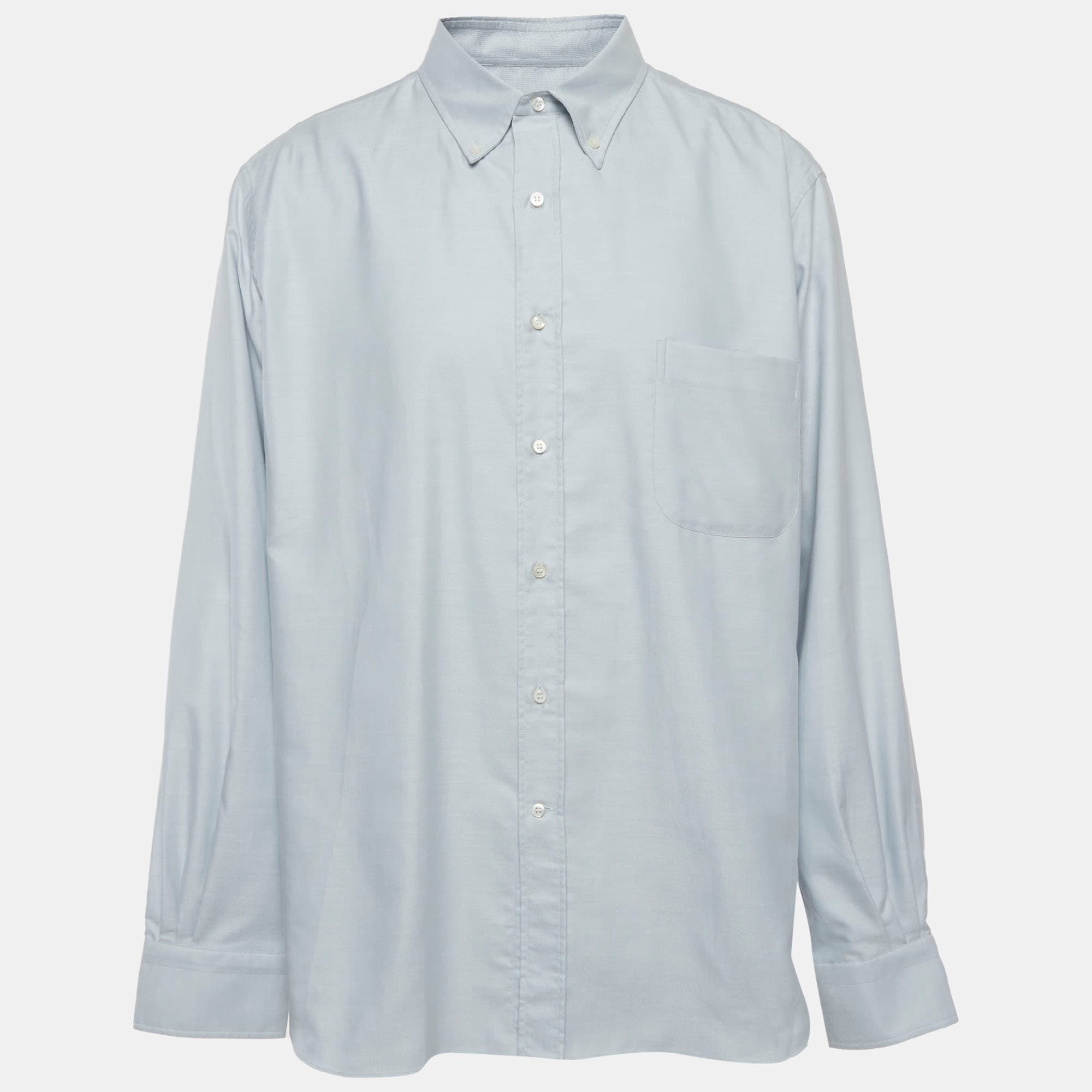 Loro Piana Blue Oxford Cotton Button Up Long Sleeve Shirt 4XL