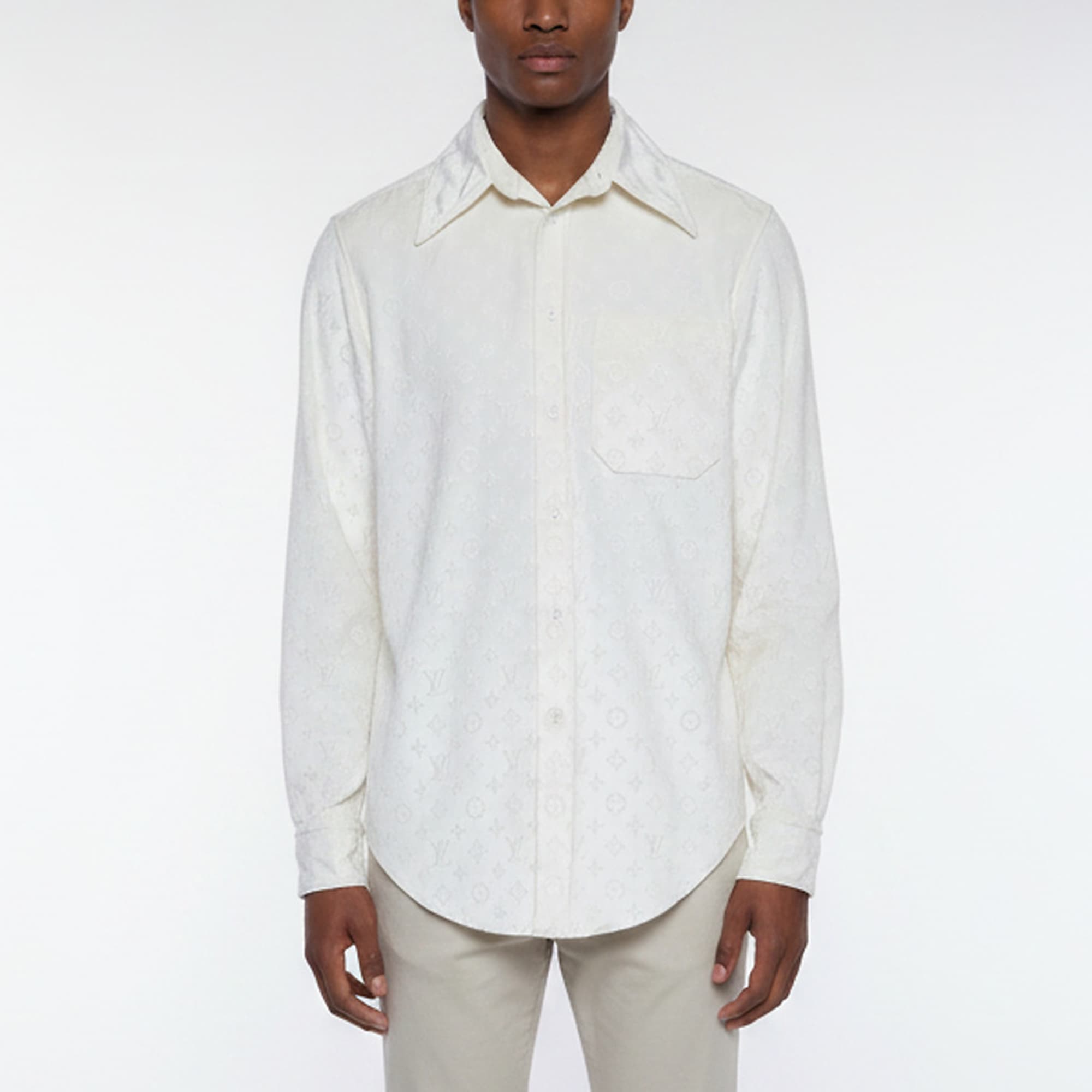 Louis Vuitton Off White Monogram Embossed Velvet Long Sleeve Shirt M