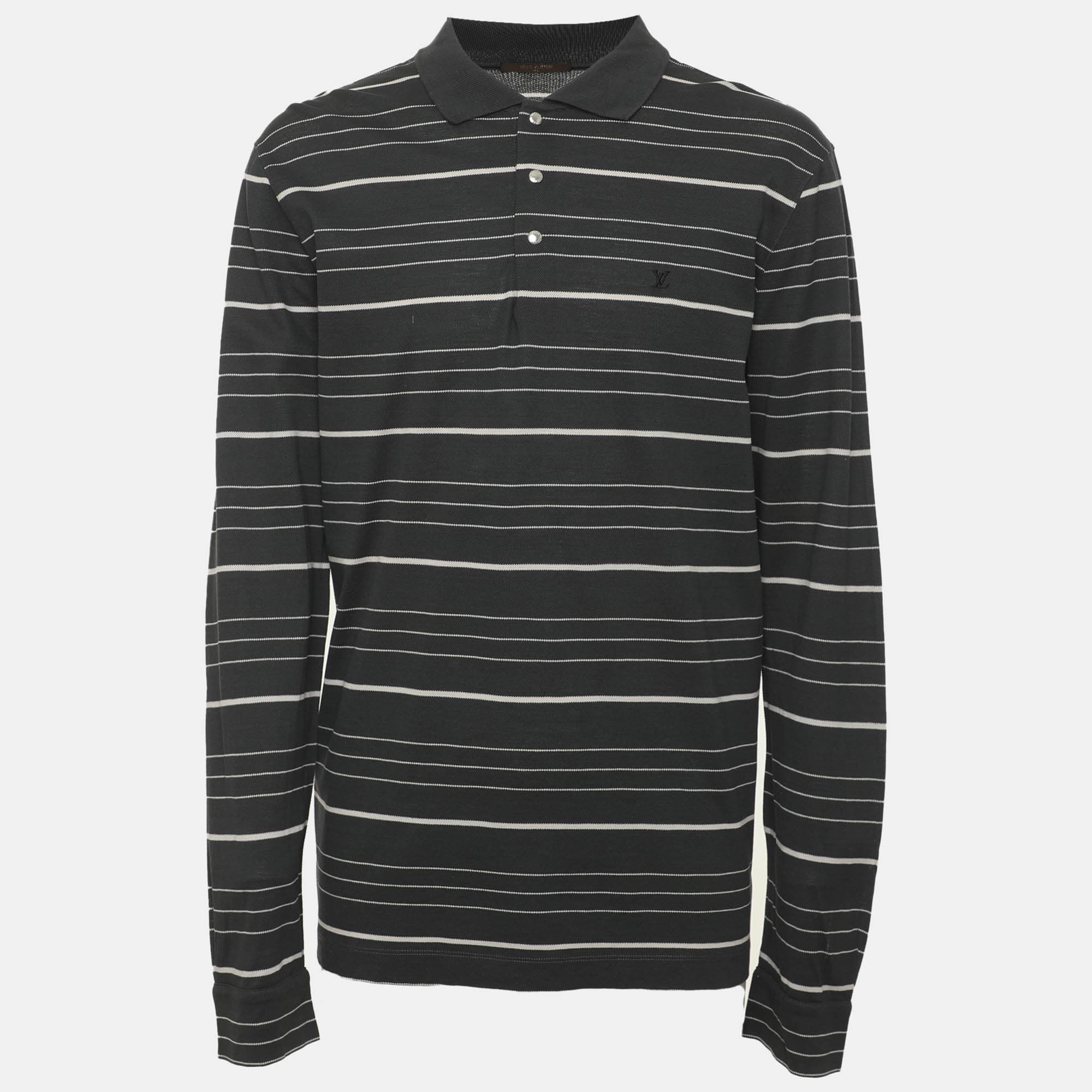 Louis Vuitton Grey/White Striped Cotton Long Sleeve Polo Shirt XL