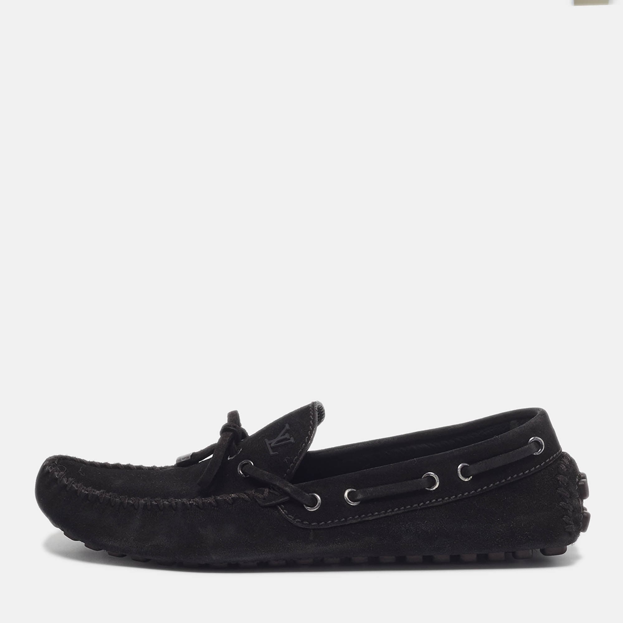 Louis Vuitton LV Size 41.5 Black Suede Bow Slip On Loafers