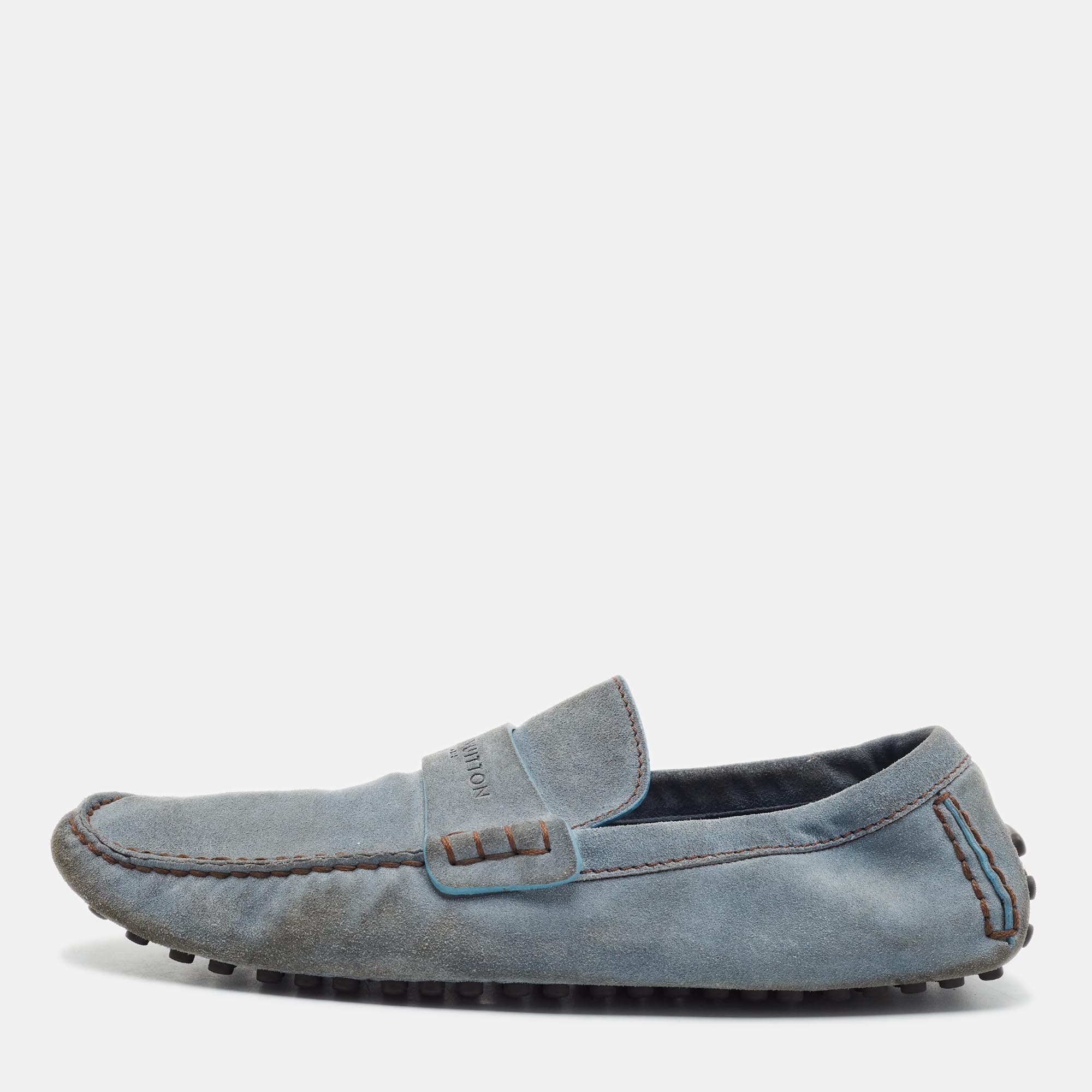 Louis Vuitton Size 43.5 Light Blue Suede Slip On Driver Loafers