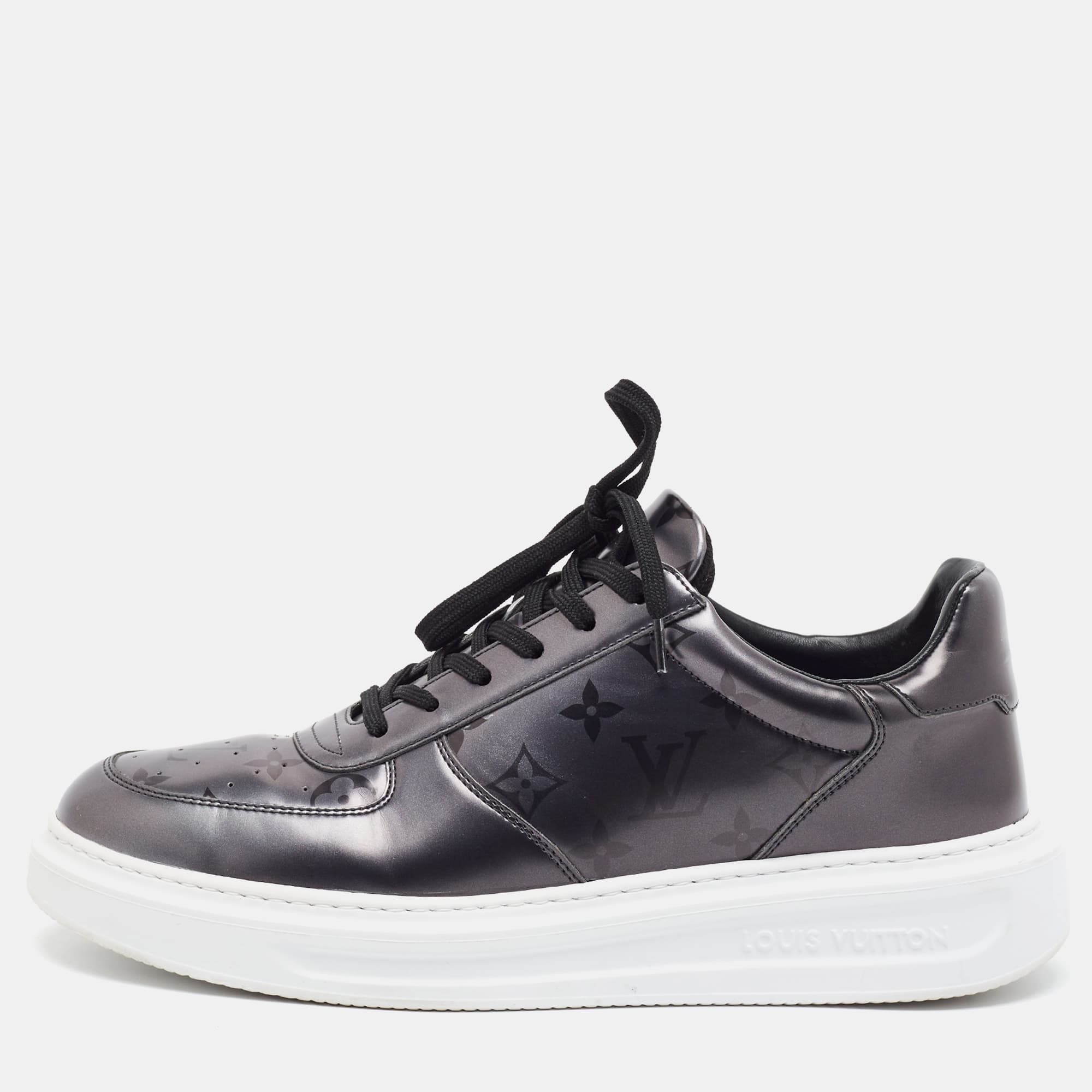 Louis Vuitton Beverly Hills Size 42.5 Metallic Grey Monogram Patent Leather Lace Up Sneakers