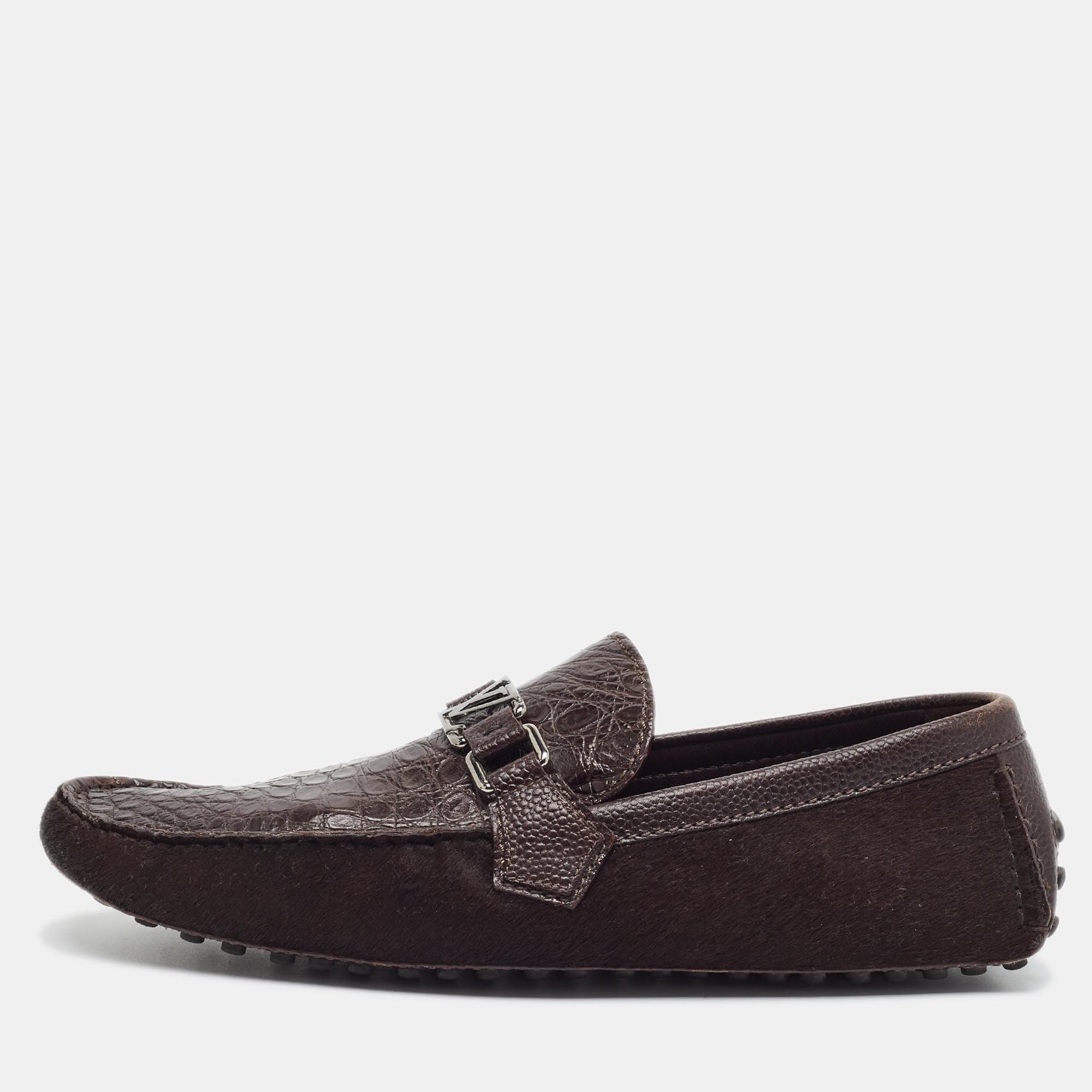 Louis Vuitton Monte Carlo Size 42.5 Dark Brown Calf Hair and Crocodile Leather Loafers