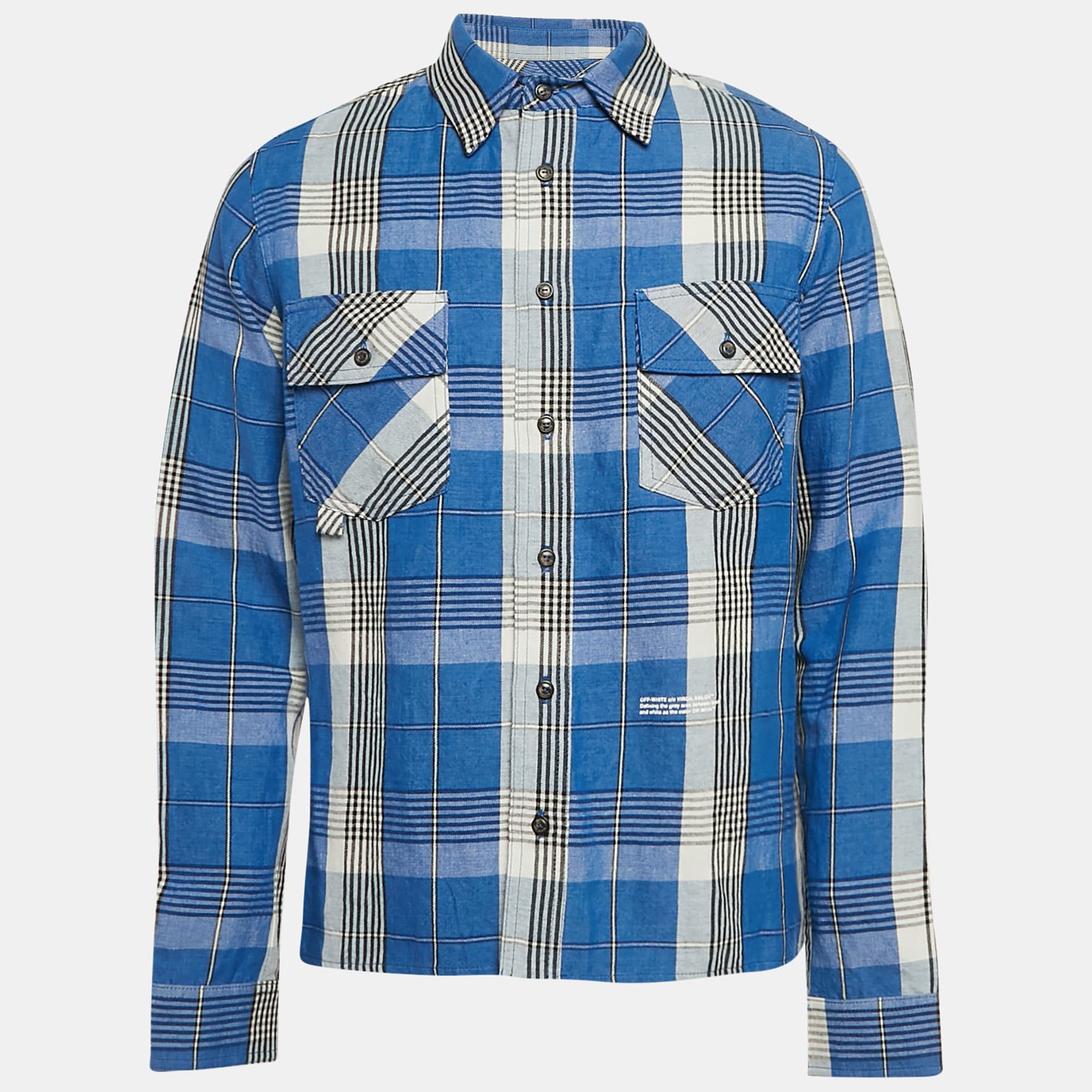 Off-White Blue Tartan Check Linen Blend Long Sleeve Shirt S