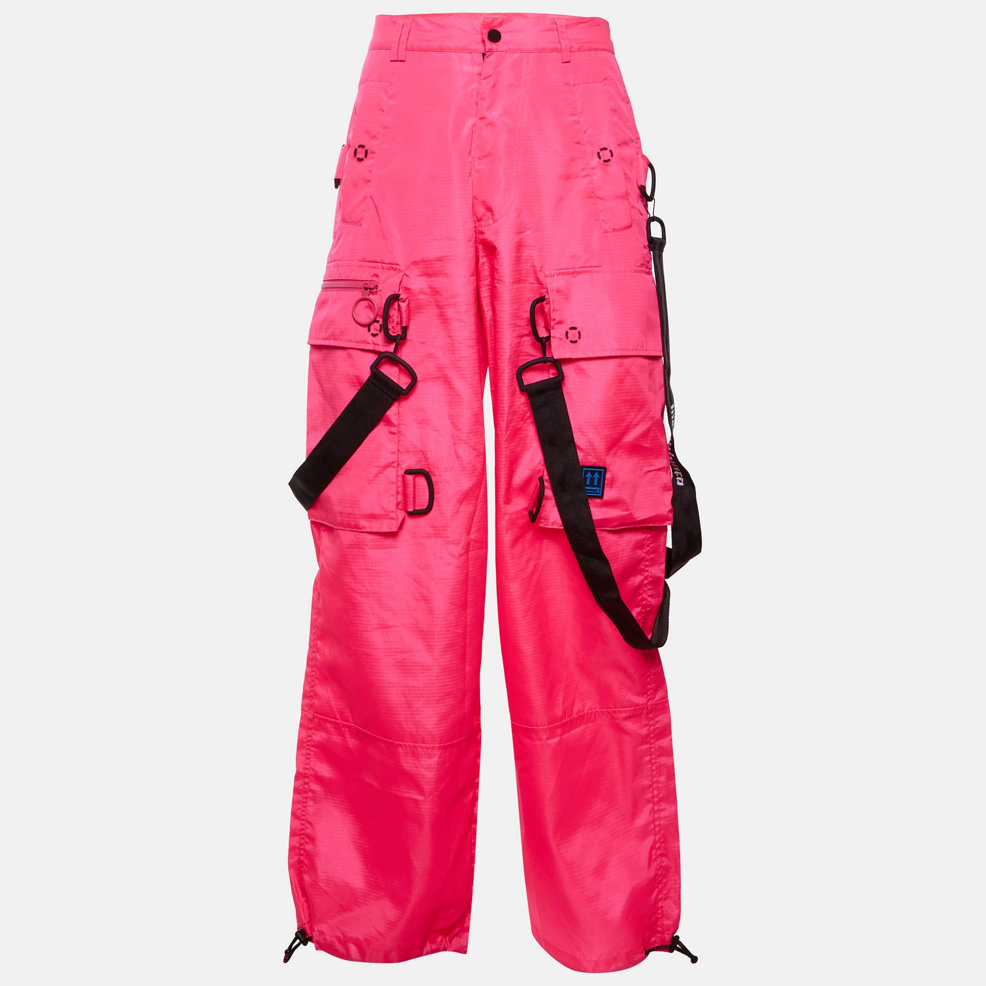 Off-White Neon Pink/Black Synthetic Wide Leg Cargo Trousers S