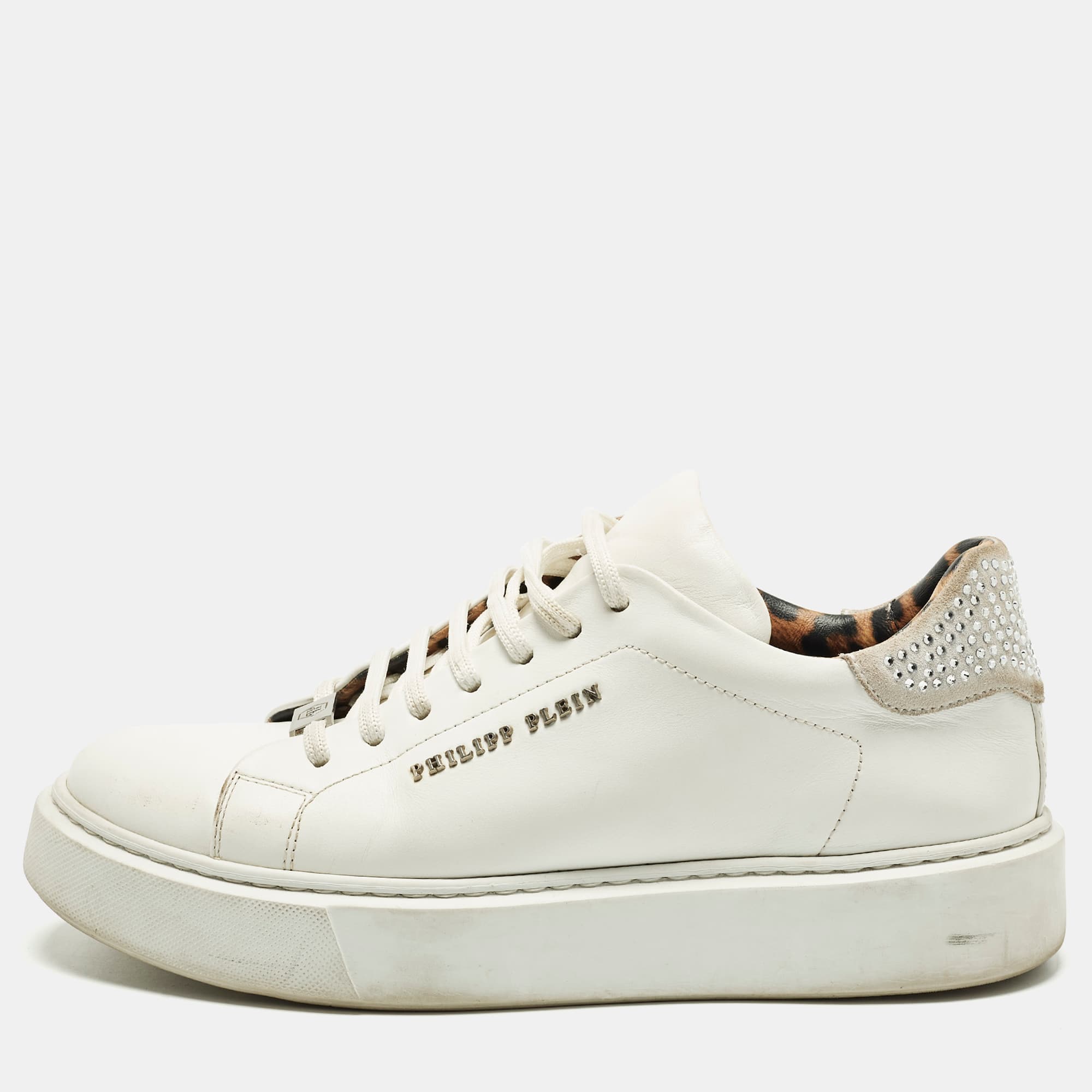 Philipp Plein Trainer Size 40 White Leather and Suede Crystal Embellished Lace Up Sneakers