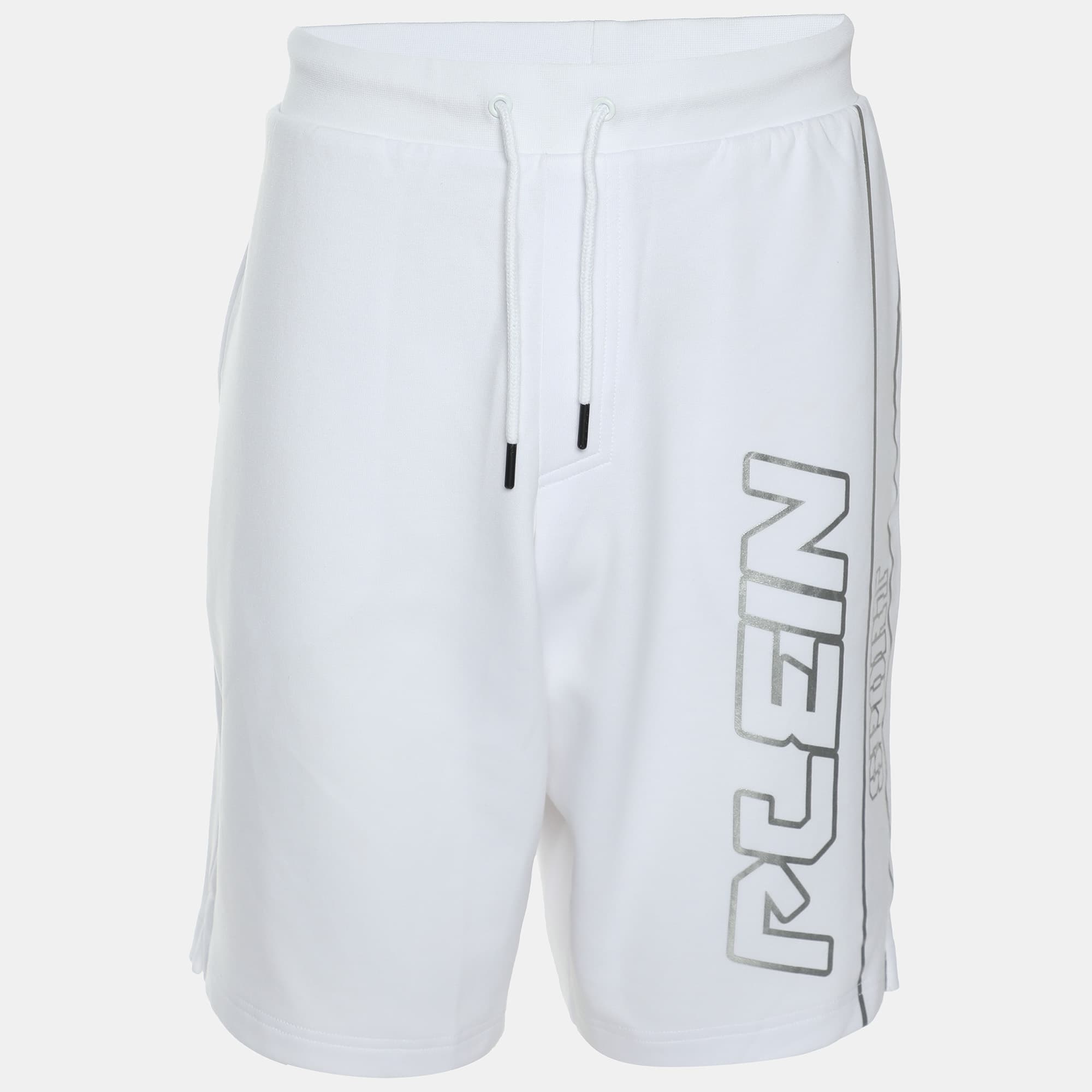 Plein Sport White/Silver Jersey Logo Print Shorts L