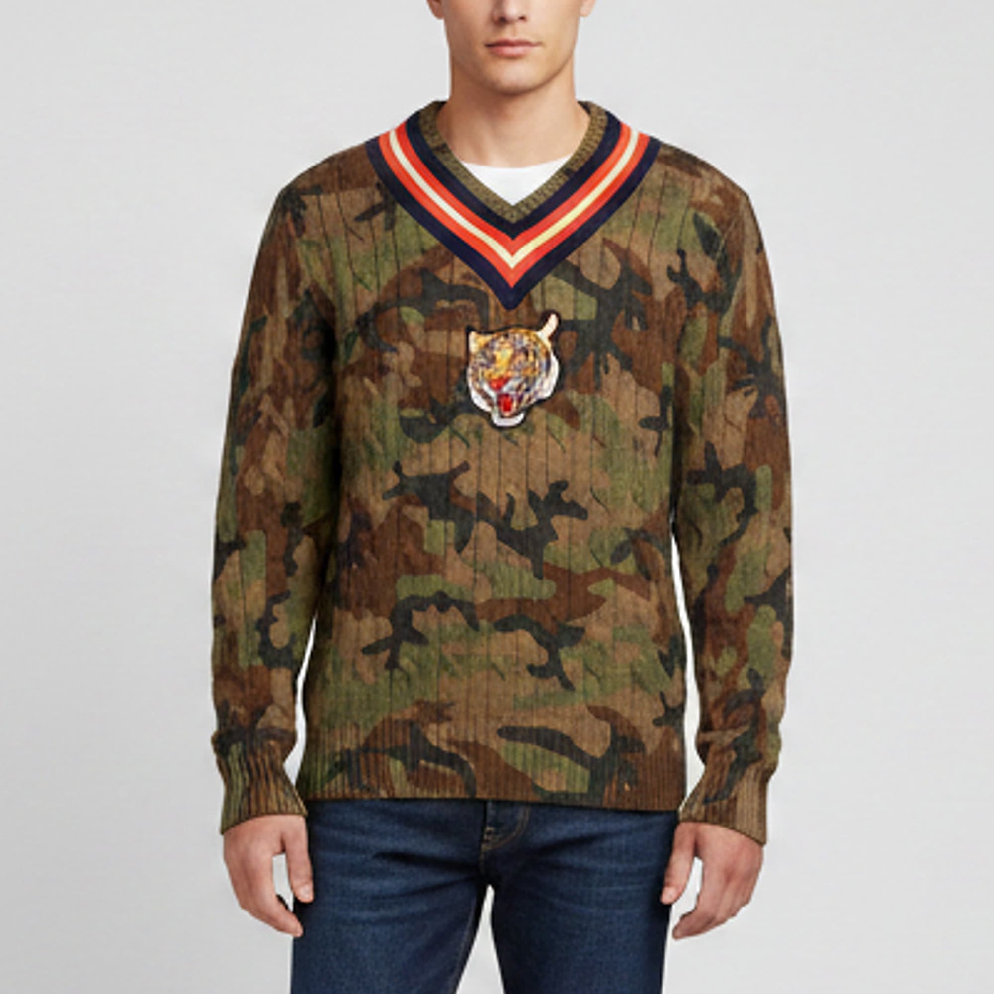 Polo Ralph Lauren Green Camouflage Print Cable Knit Varsity Sweater M