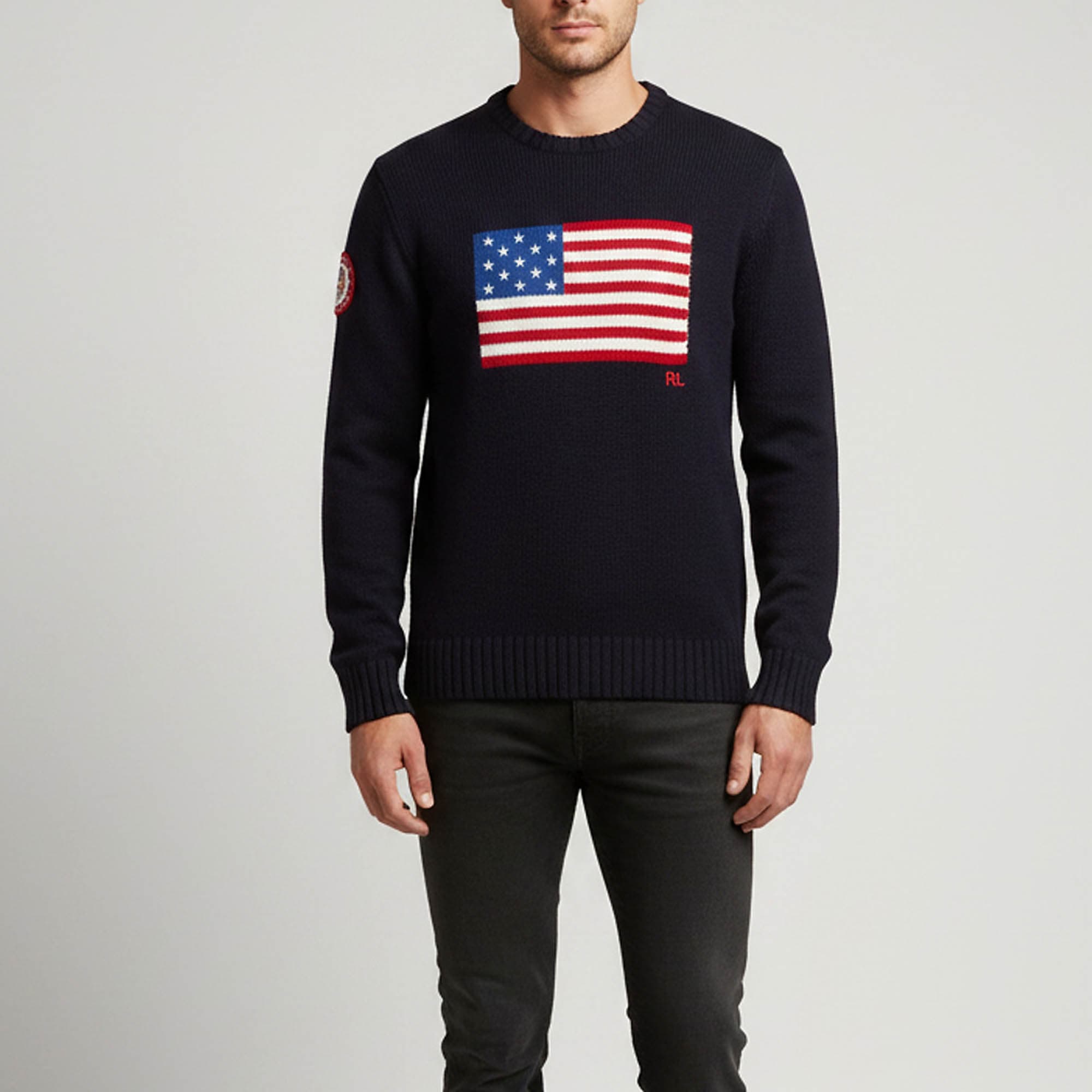 Polo Ralph Lauren Navy Blue USA Flag Intarsia Knit Sweater M