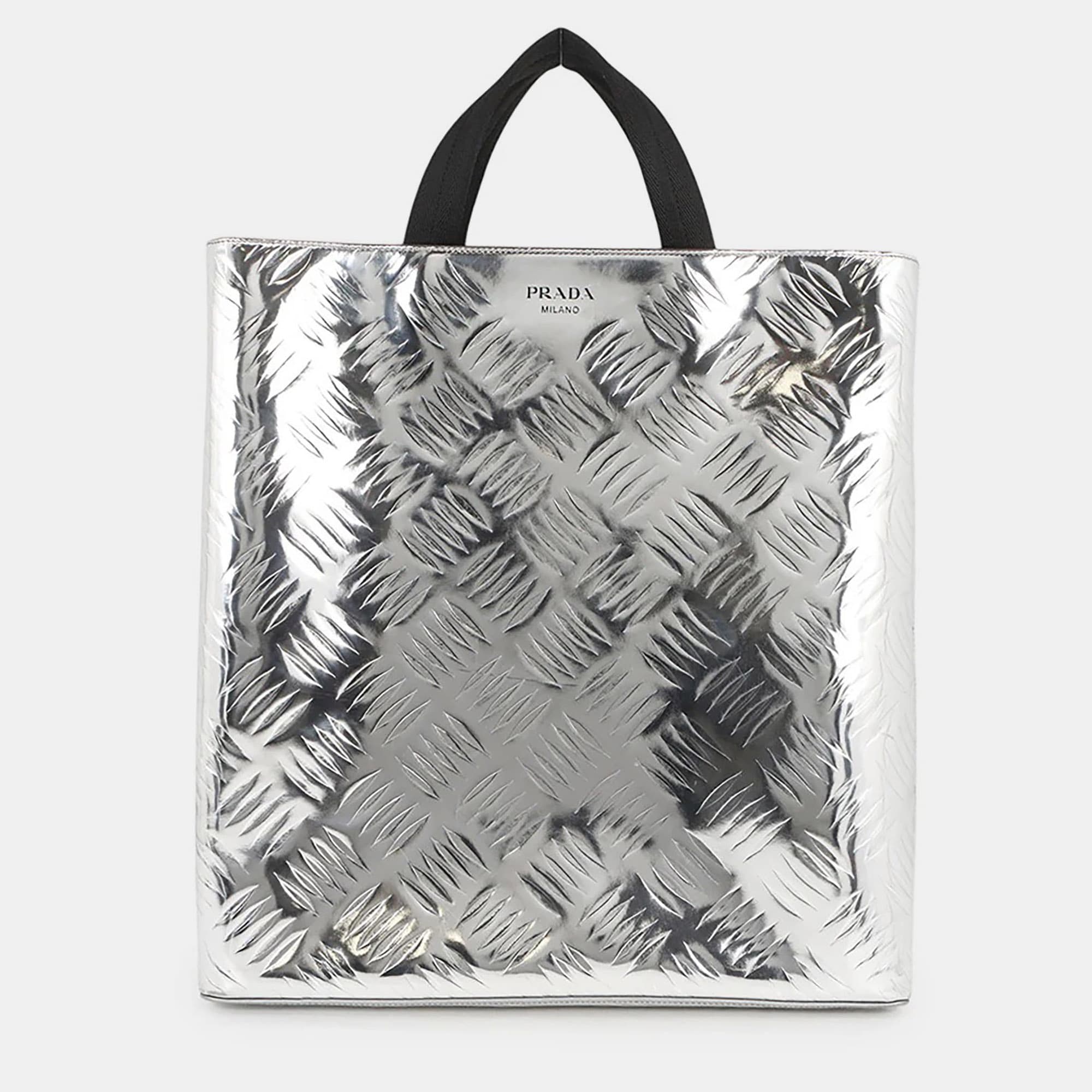 Prada Shopping Bag Silver Brushed Leather Canvas Tote Bag