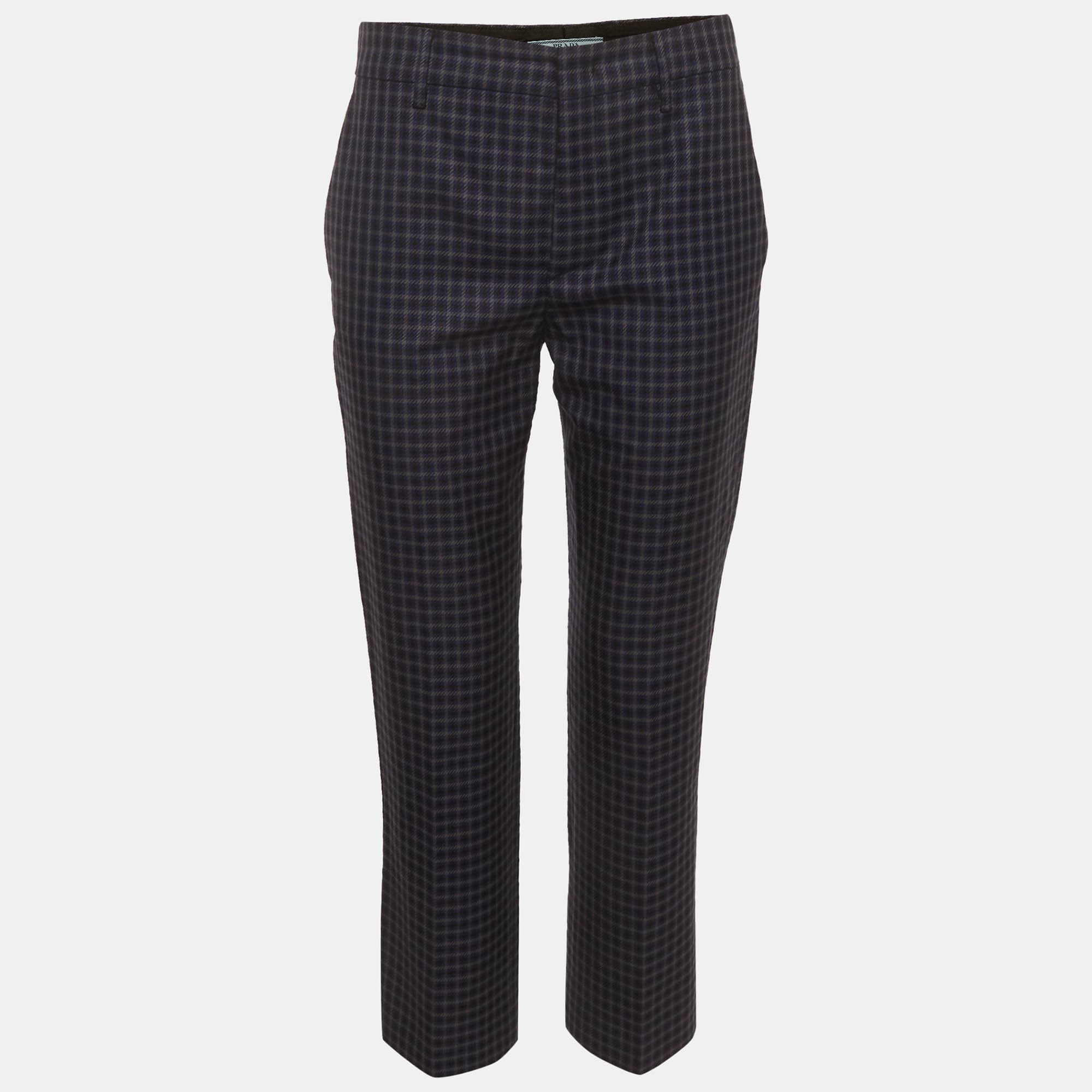 Prada Blue/Black Plaid Pattern Wool Blend Trousers S