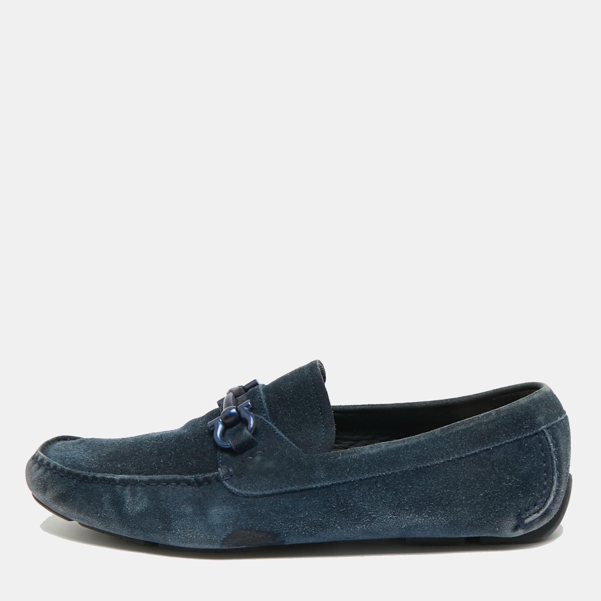 Salvatore Ferragamo Gancini Size 43.5 Navy Blue Suede Loafers