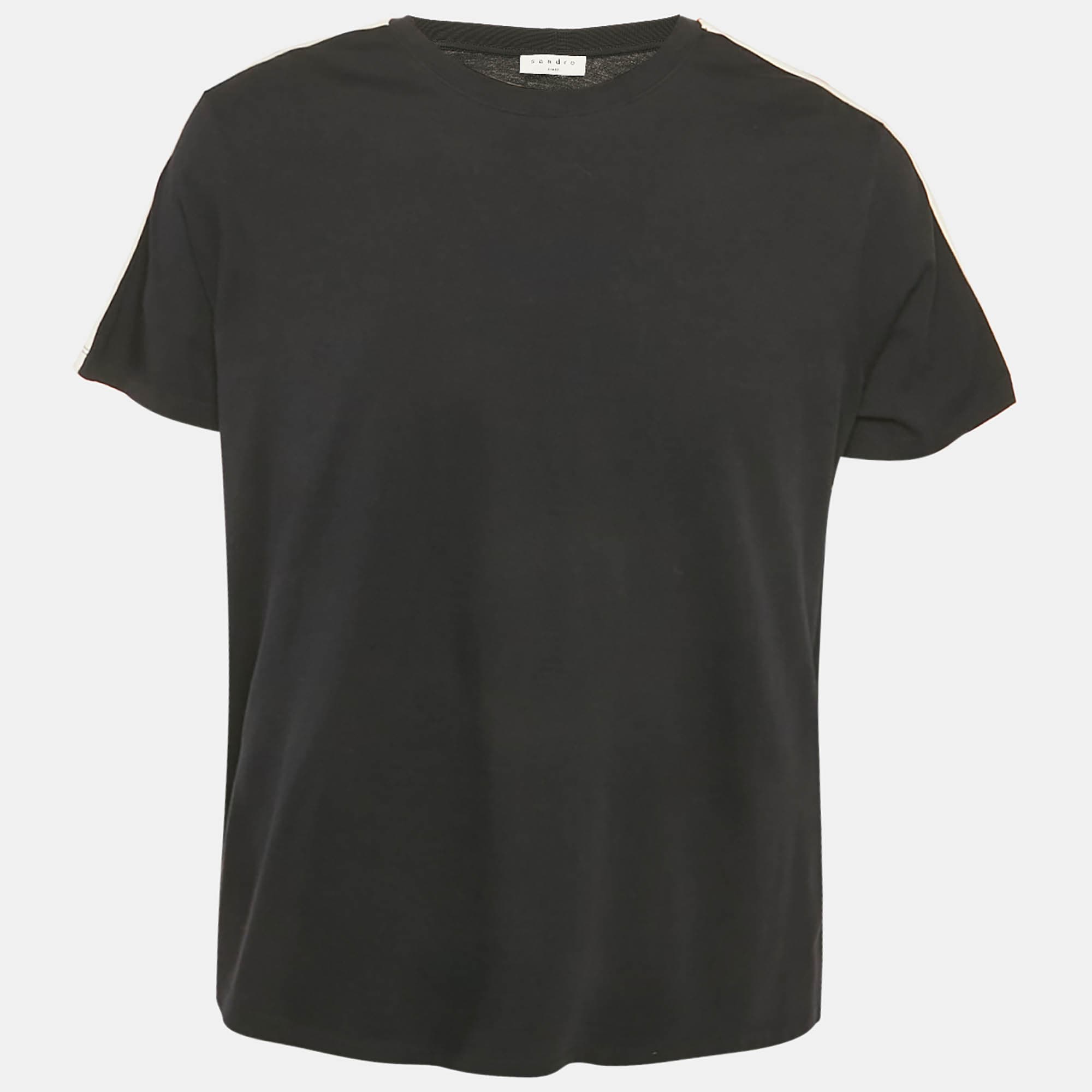 Sandro Navy Blue Jersey Shoulder Stripe Detail T-shirt L