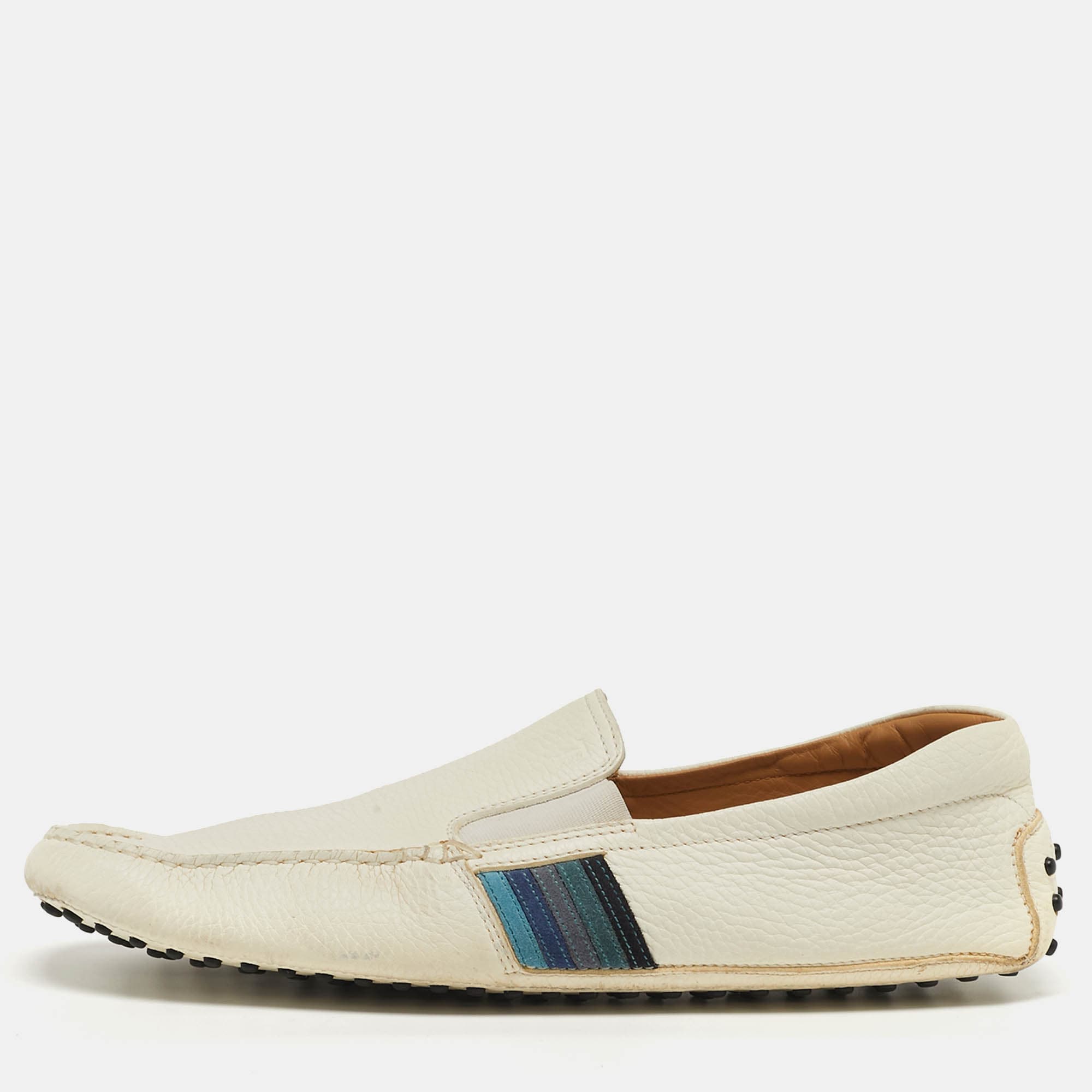 Tod's Size 44.5 White Leather Slip On Loafers