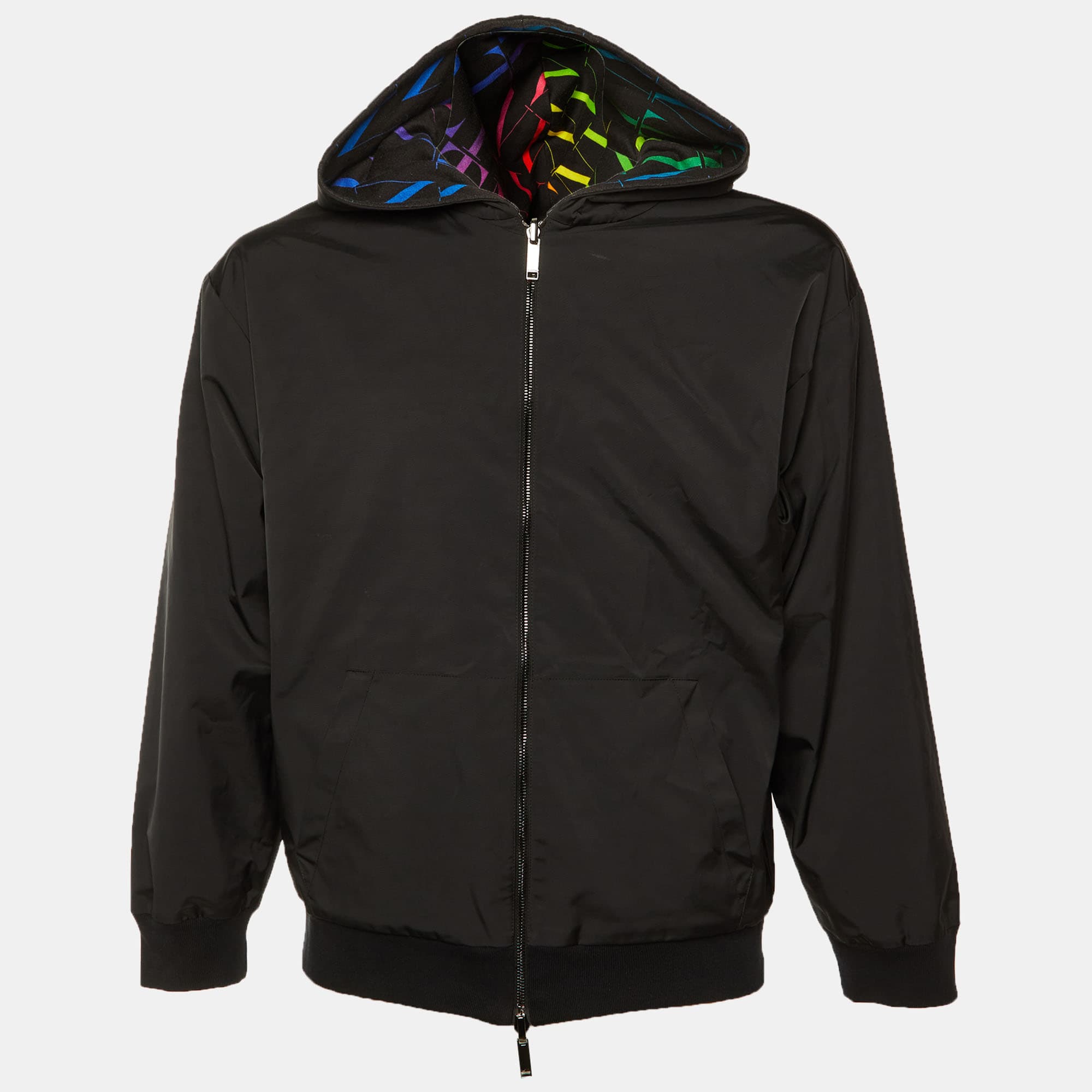 Valentino Black VLT Print Synthetic & Cotton Reversible Hooded Jacket S