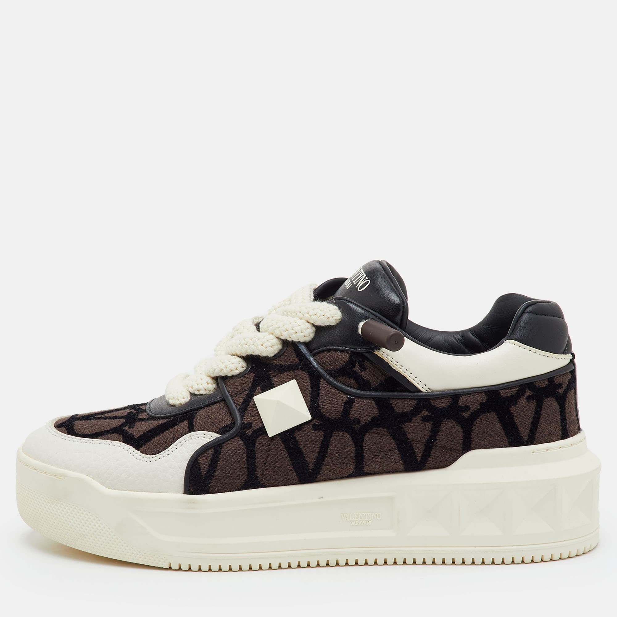 Valentino One Stud XL Size 40 Dark Brown/White Toile Iconographe Jacquard and Leather Sneakers