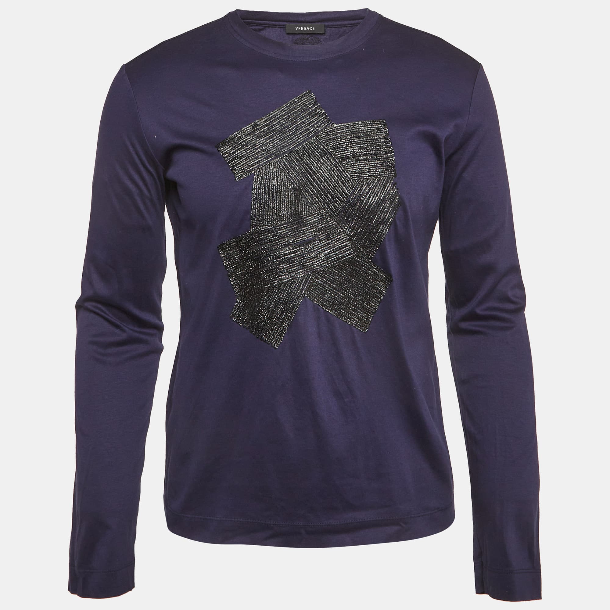 Versace Nacvy Blue Leather Applique Jersey T-Shirt M