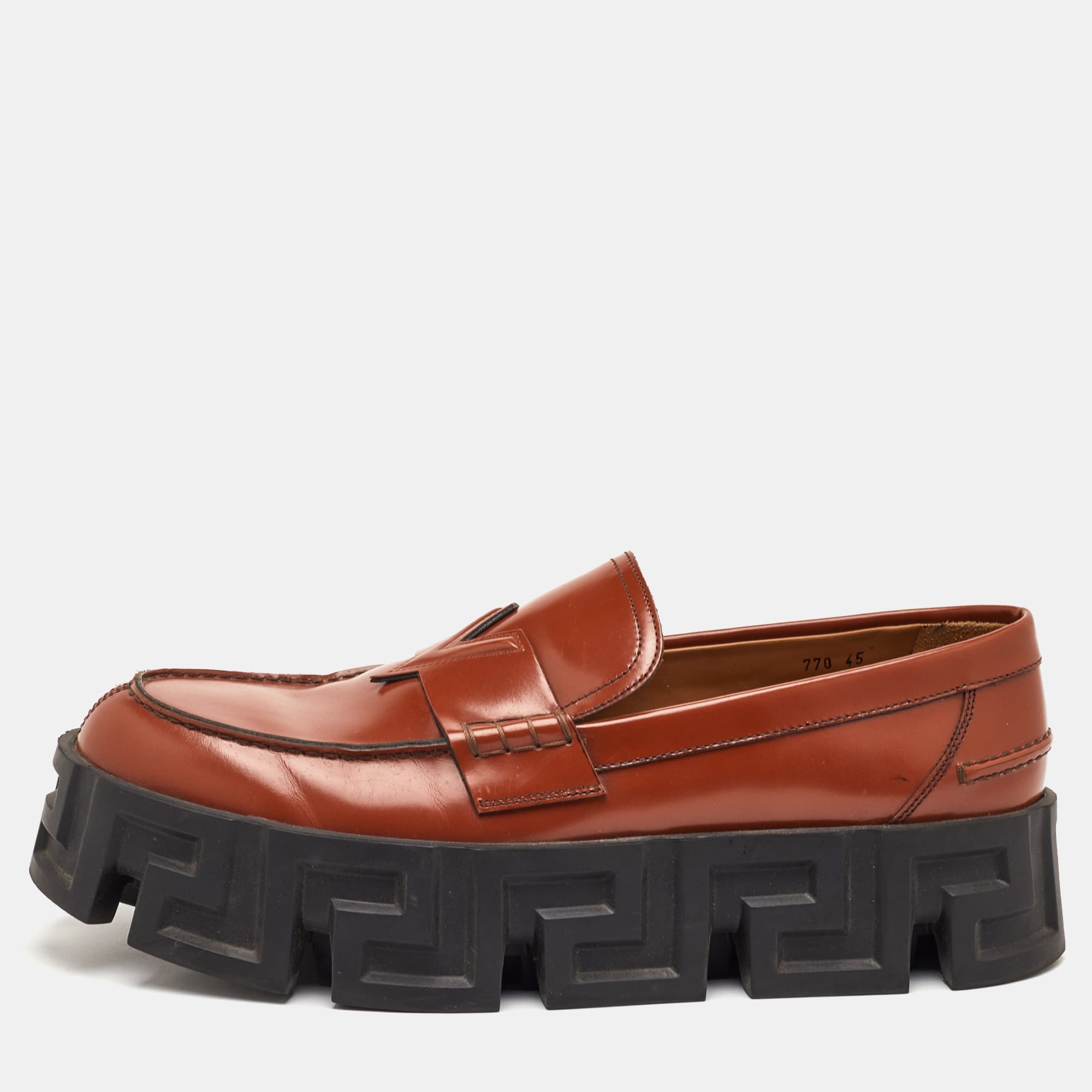 Versace Greca Size 45 Brown Leather Platform Slip On Loafers
