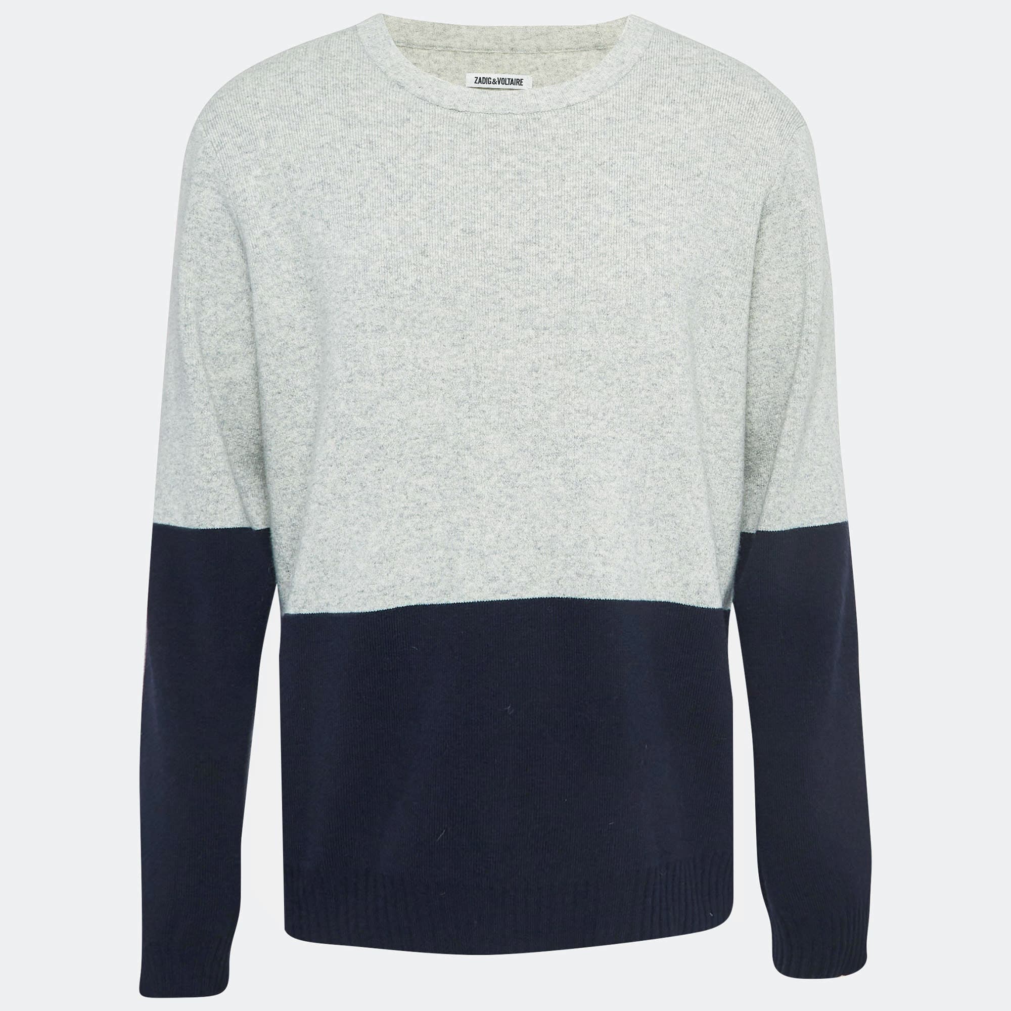 Zadig & Voltaire Grey/Navy Blue Wool Crew Neck Rod Jumper M