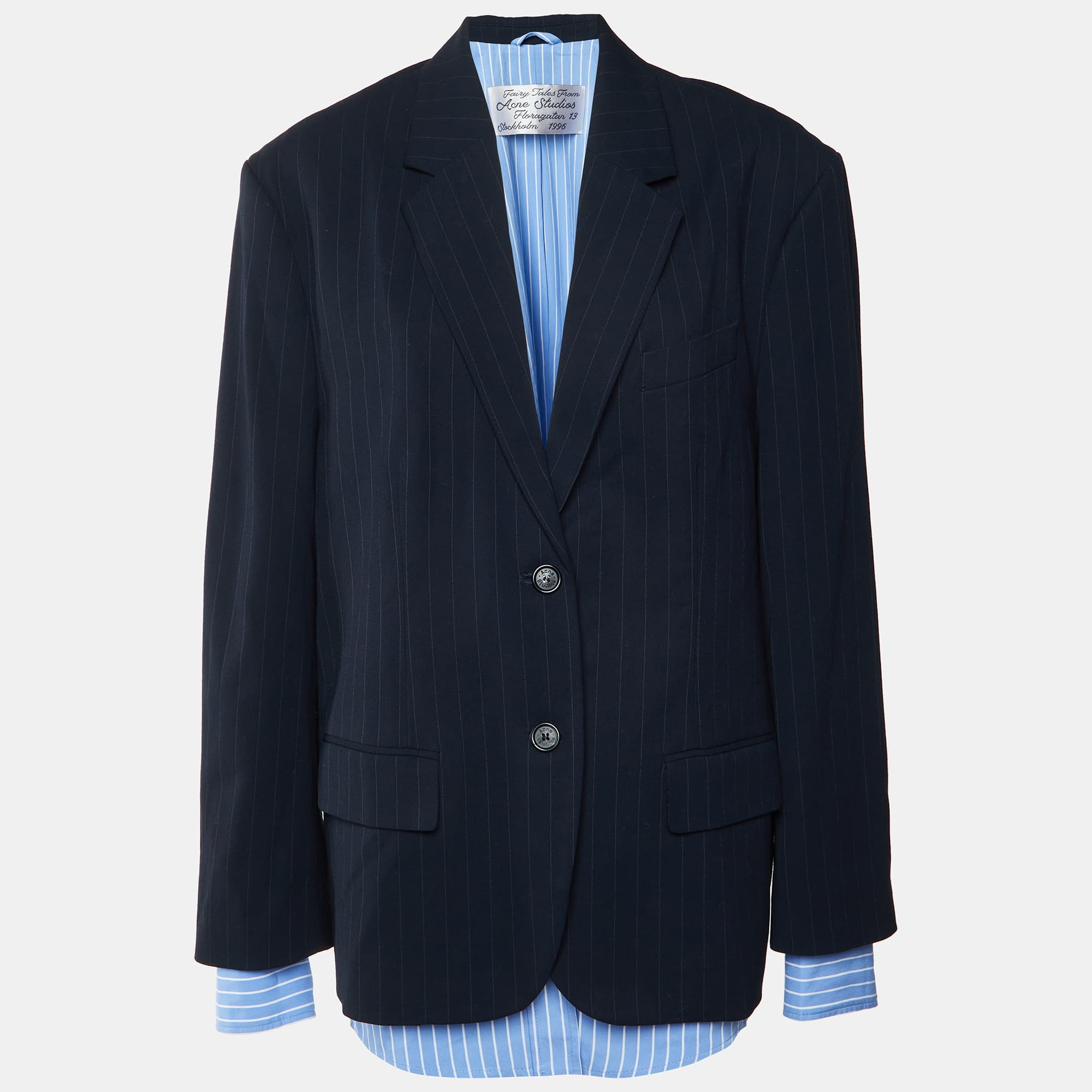 Acne Studios Black/Blue Pinstriped Wool and Cotton Layered Blazer S