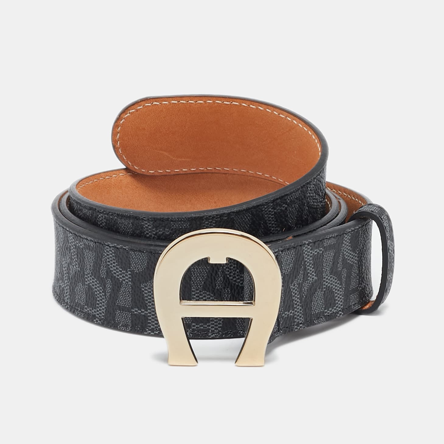 Aigner Grey/Black Signature Coated Canvas Insignia Belt 90CM