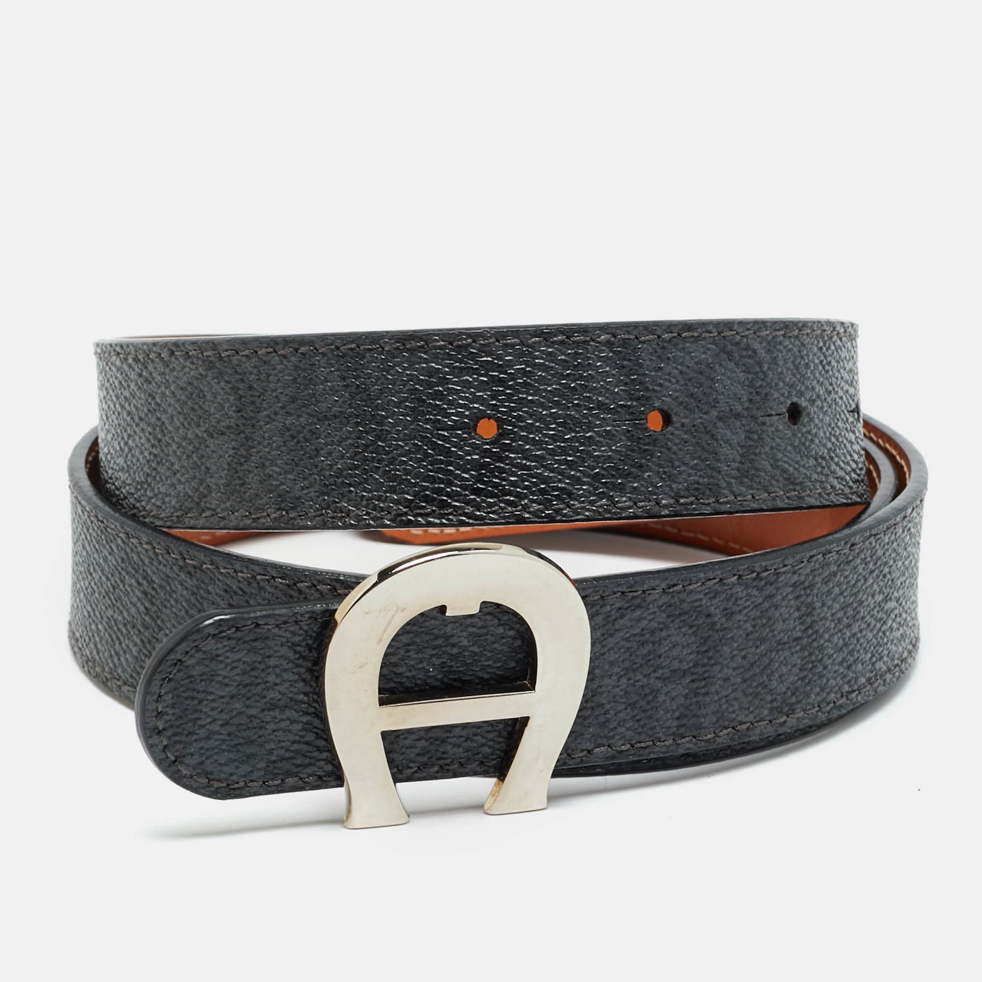 Aigner Logo 85 CM Buckle Belt Grey/Black Signature Coated Canvas