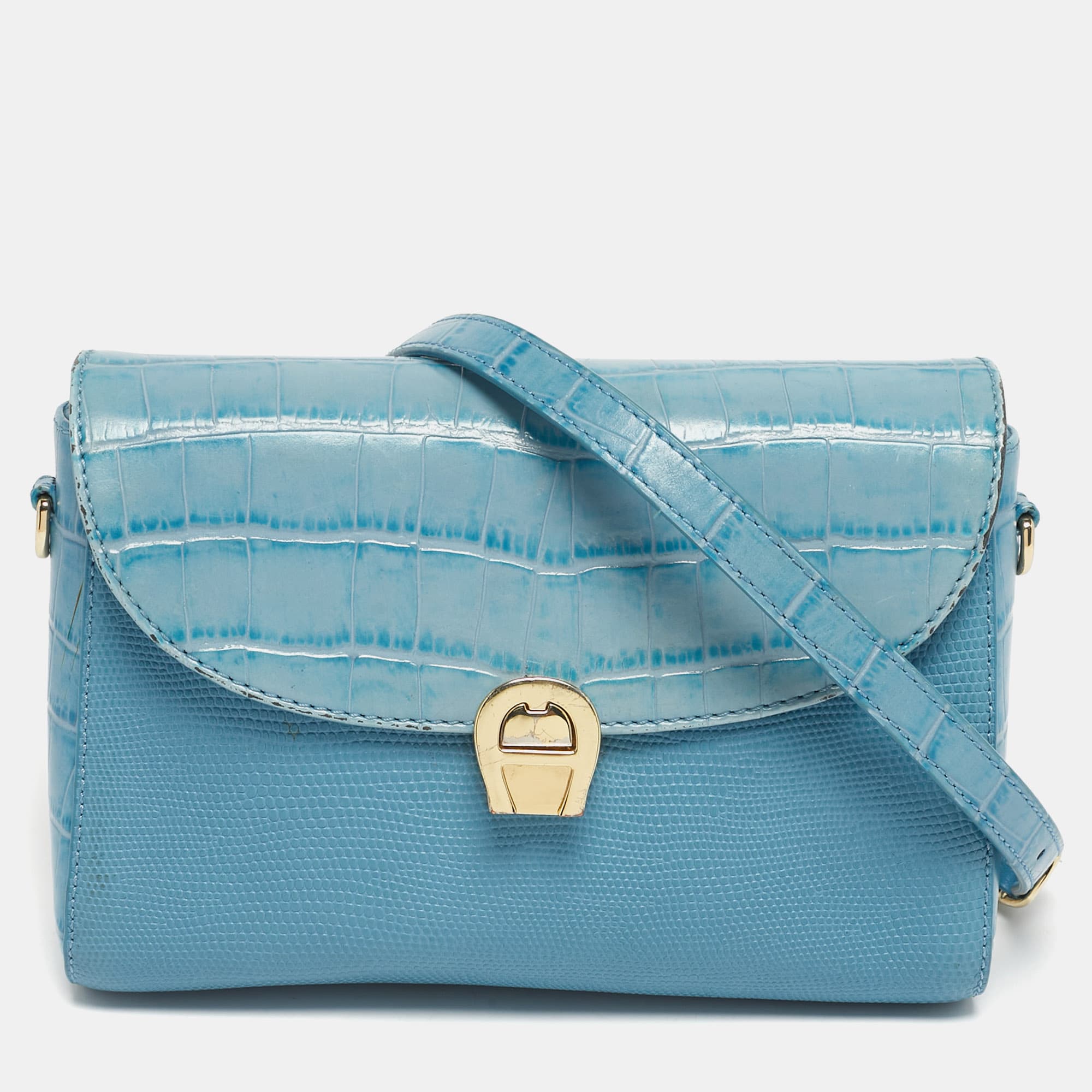 Aigner Genoveva Blue Croc Embossed Leather and Lizard Embossed Leather Shoulder Bags