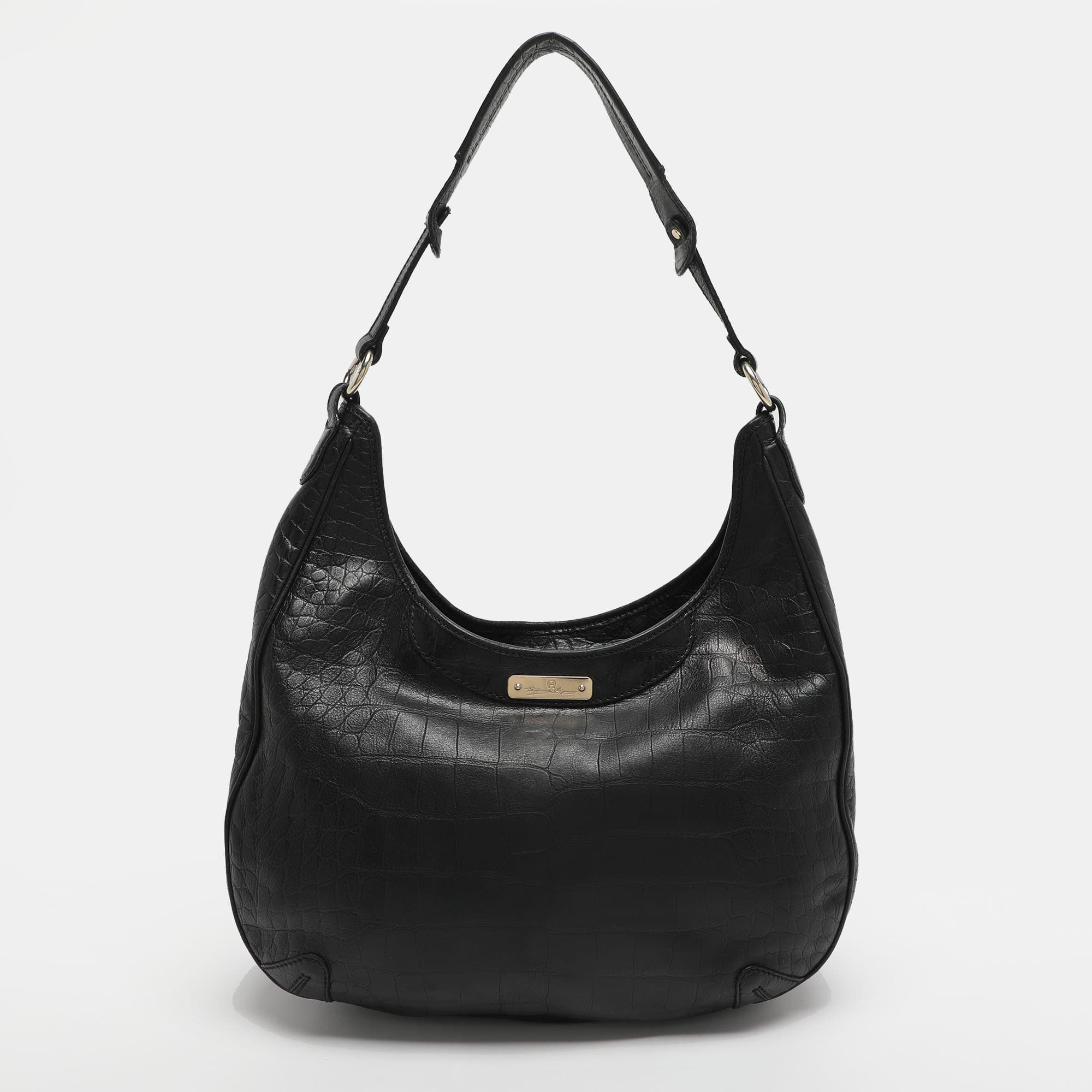 Aigner Black Croc Embossed Leather Hobo