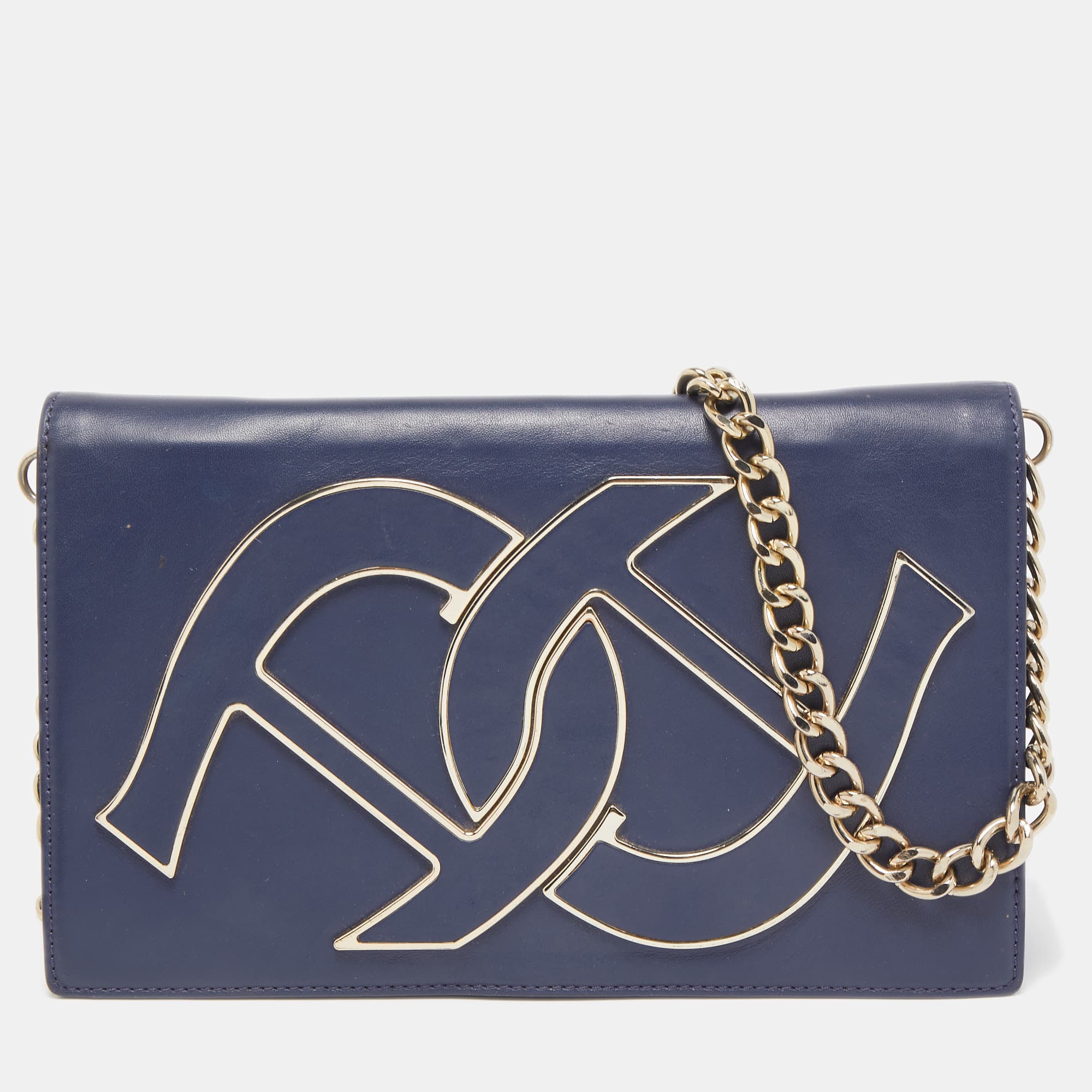 Aigner Blue Leather Interlocking A-Logo Flap Chain Clutch