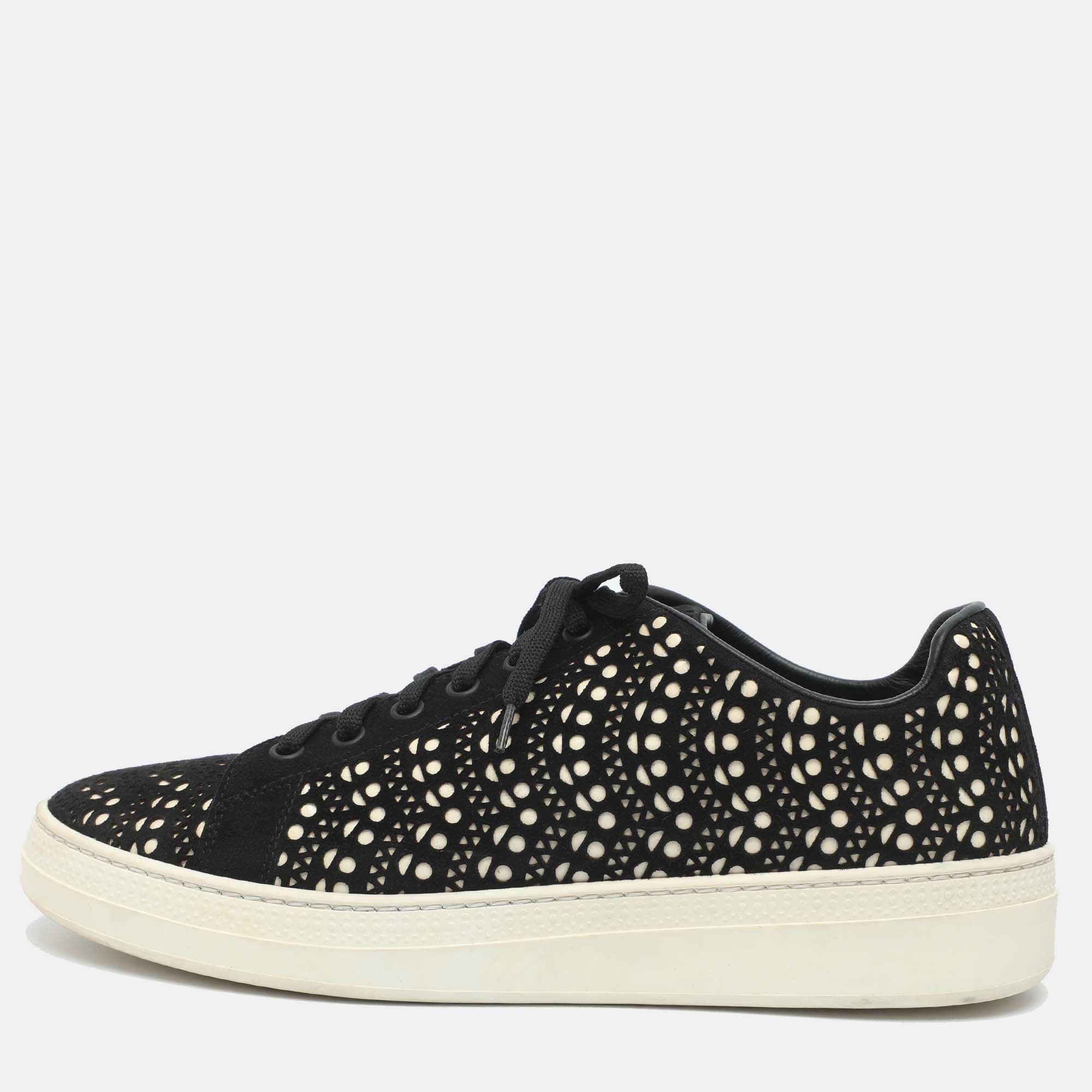 Alaia Size 40 Black/White Laser Cut Suede Low Top Sneakers