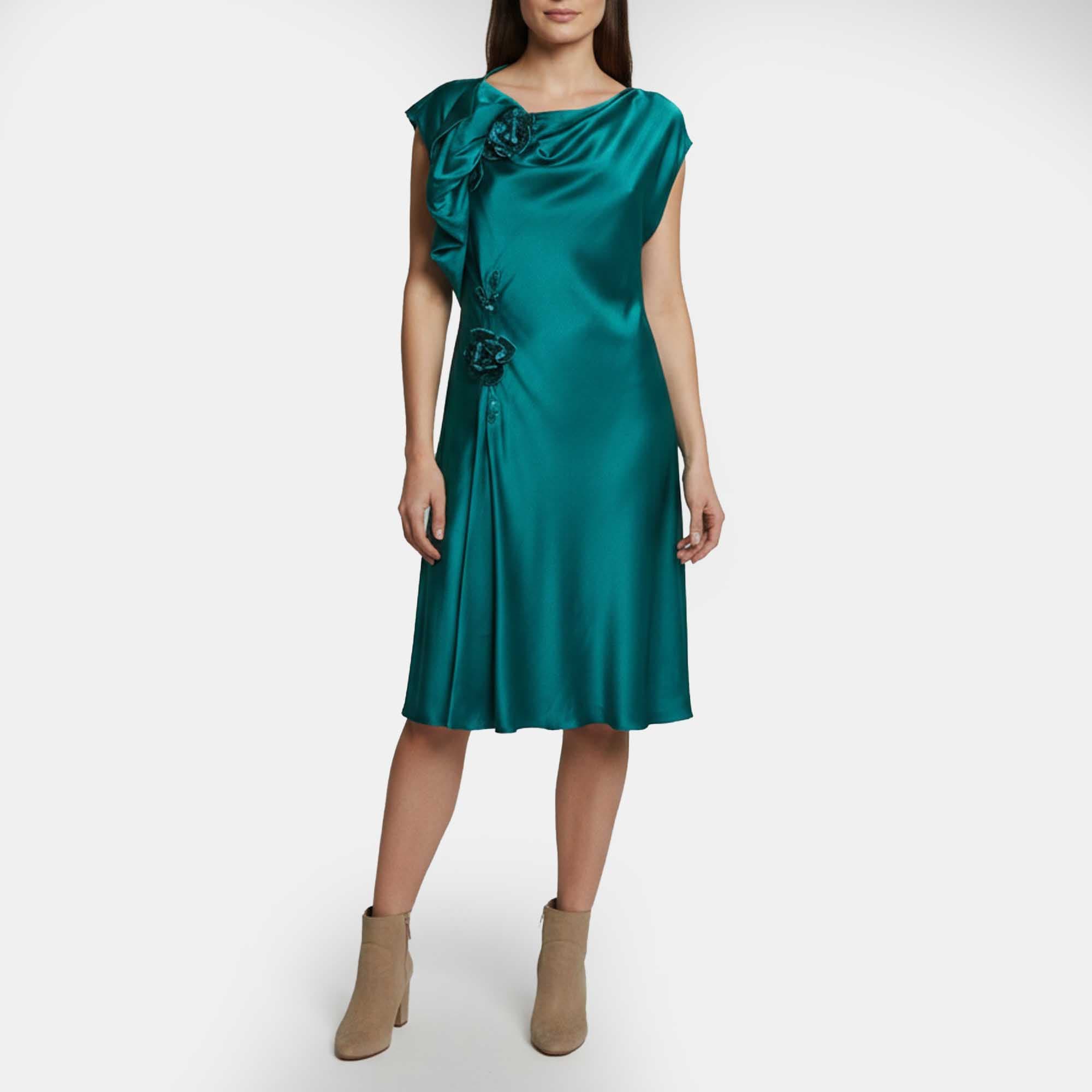 Alberta Ferretti Peacock Green Silk Floral Applique Draped Midi Dress L