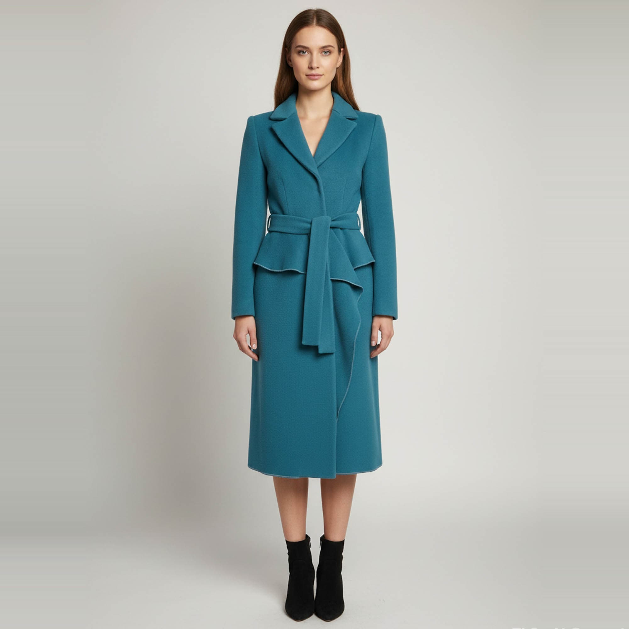 Alberta Ferretti Teal Blue Felt Belted Peplum Long Coat S