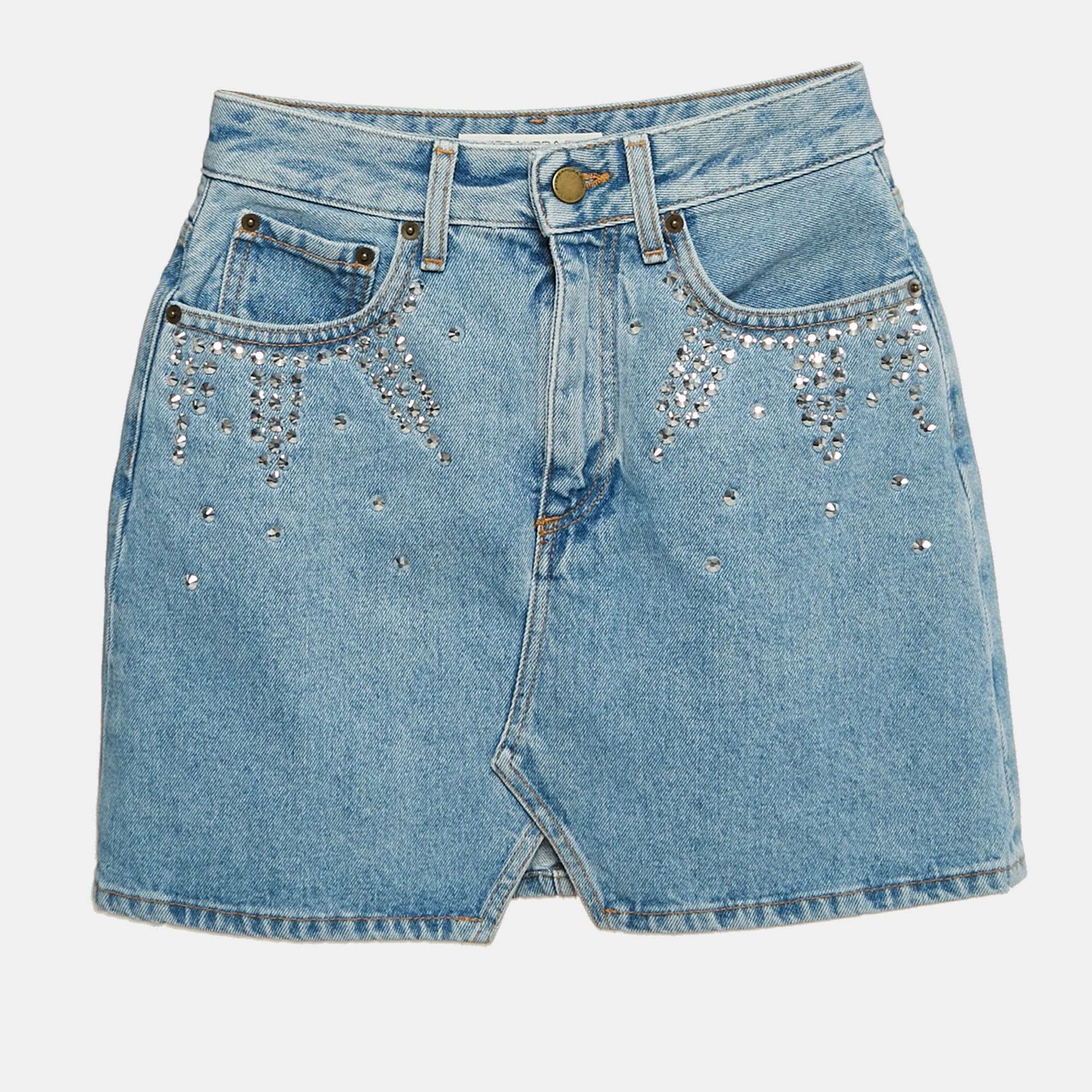 Alessandra Rich Blue Embellished Denim Mini Skirt S Waist 26"