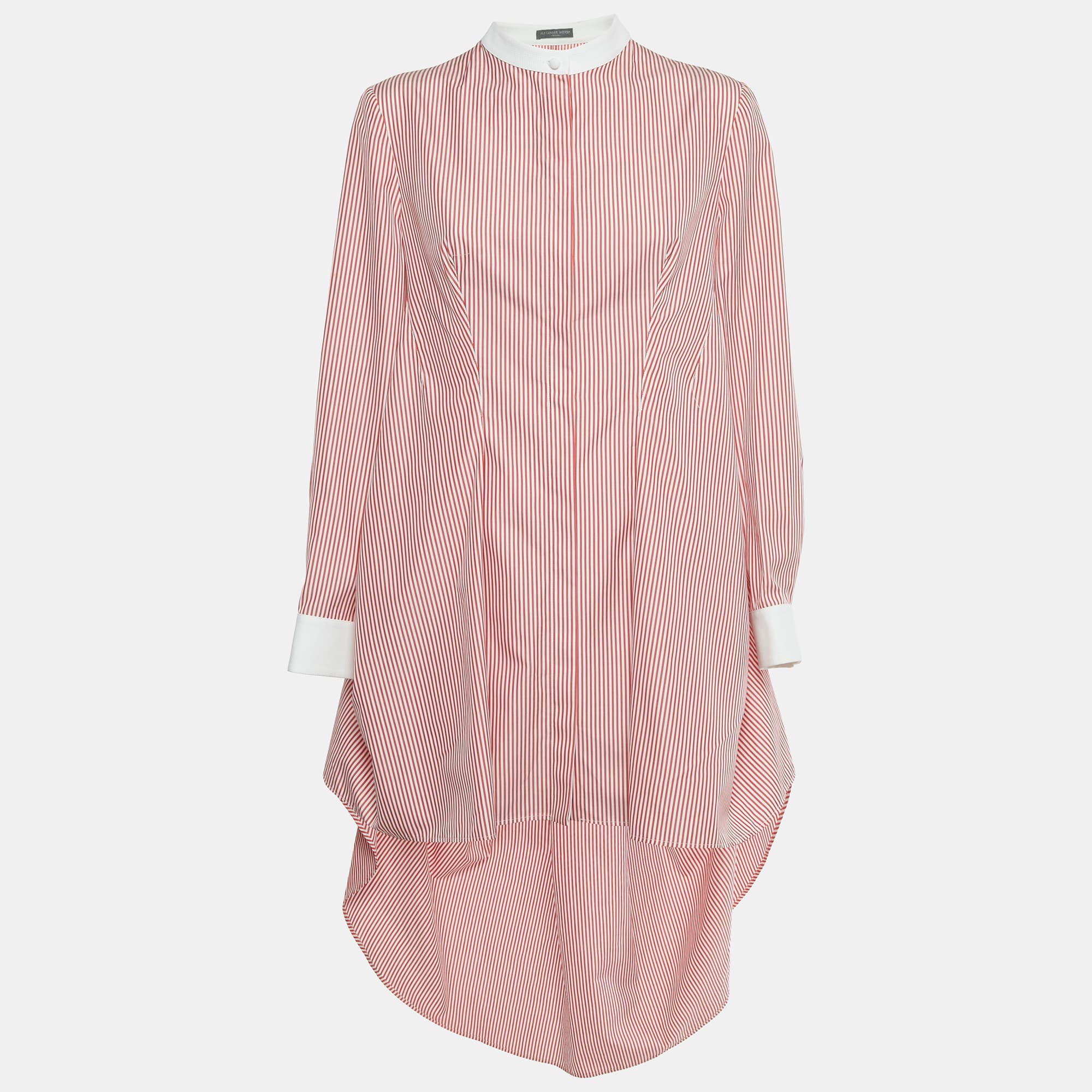 Alexander McQueen Red /White Striped Cotton High Low Shirt Dress M