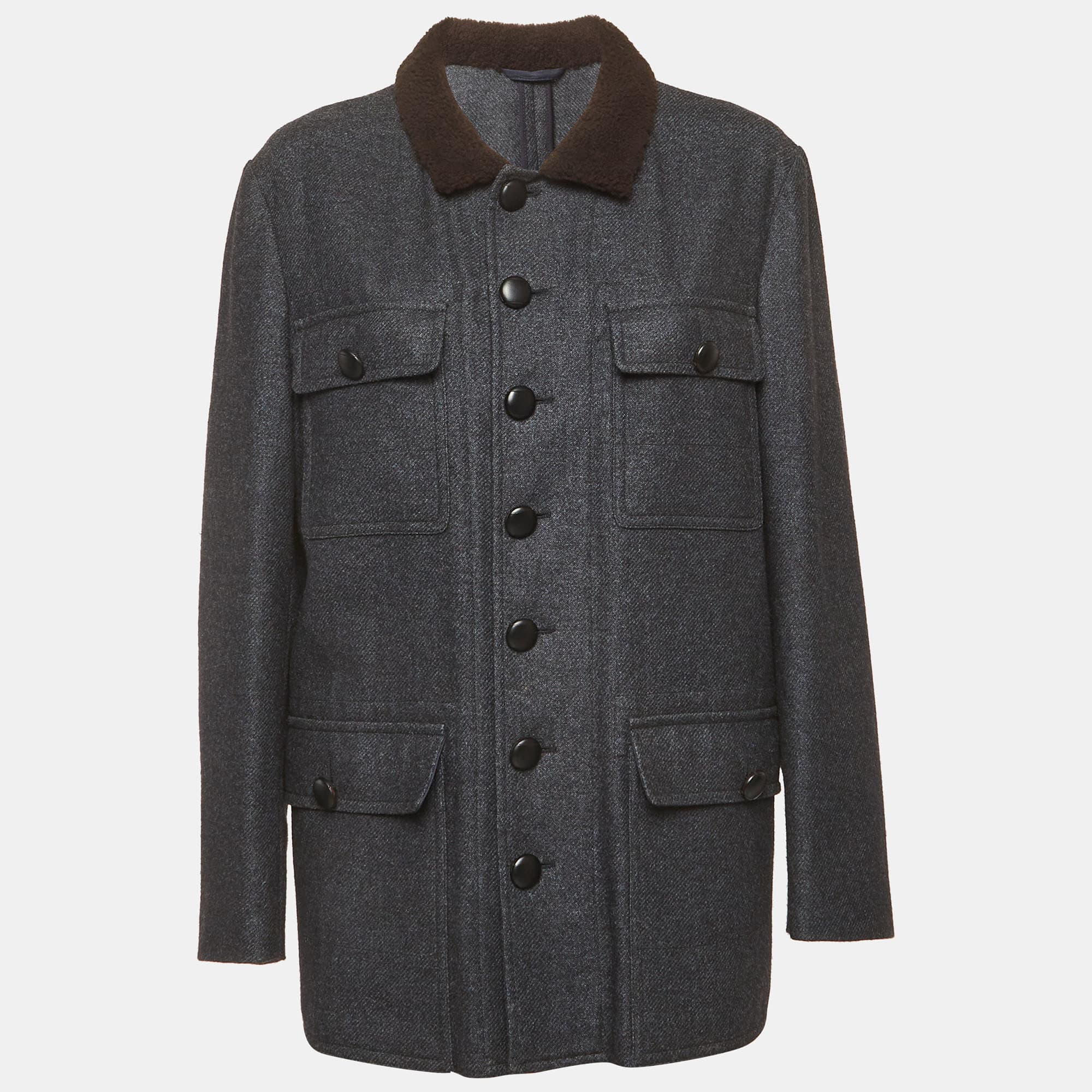 Alexander McQueen Grey Wool Blend shearling Collar Coat XL