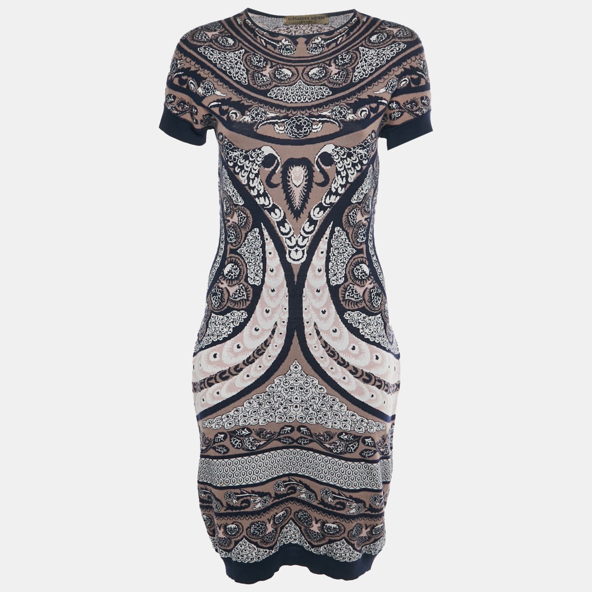 Alexander McQueen Black/Pink Stretch Jacquard Bodycon Dress L