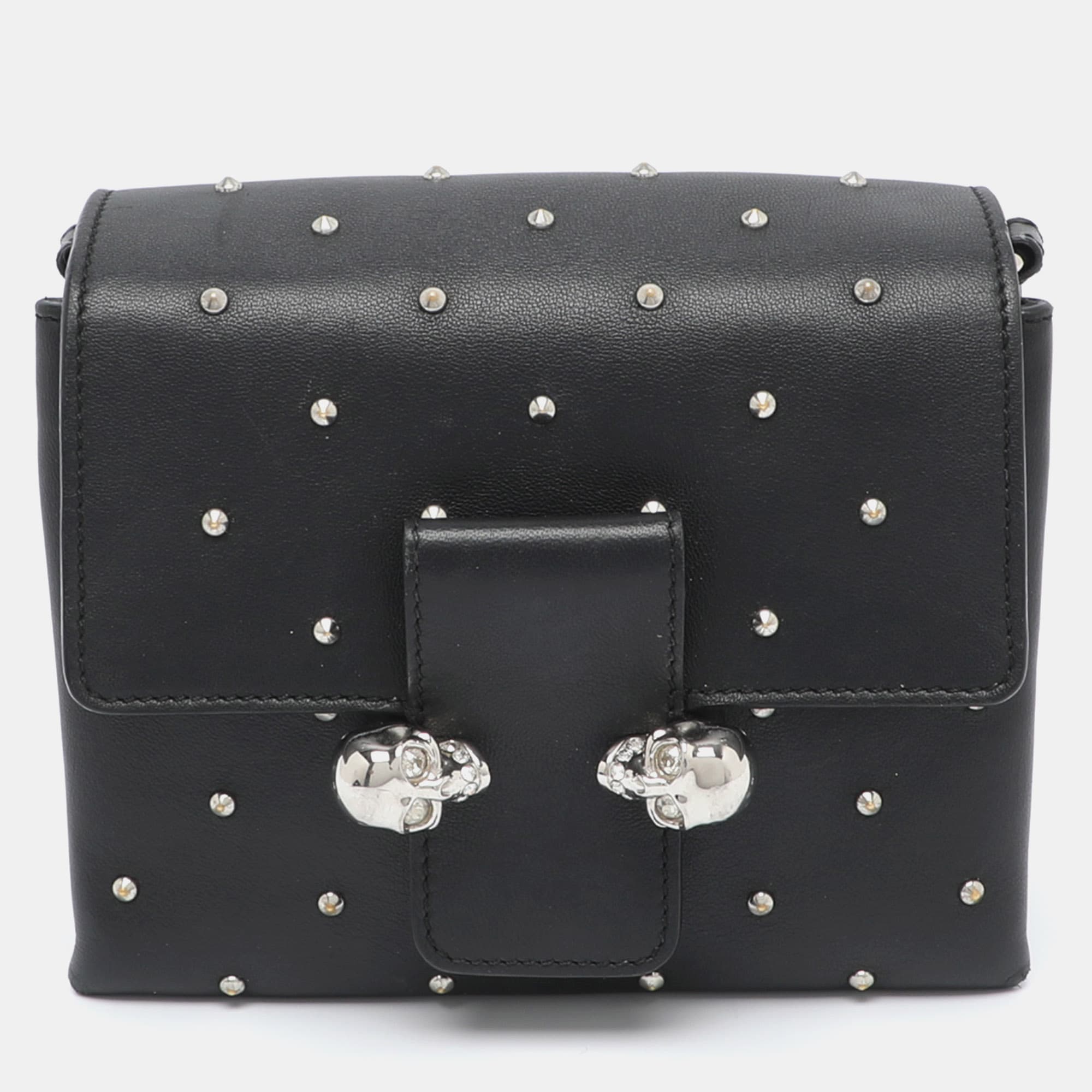 Alexander McQueen Twin Skull Black Leather Studded Shoulder Bag