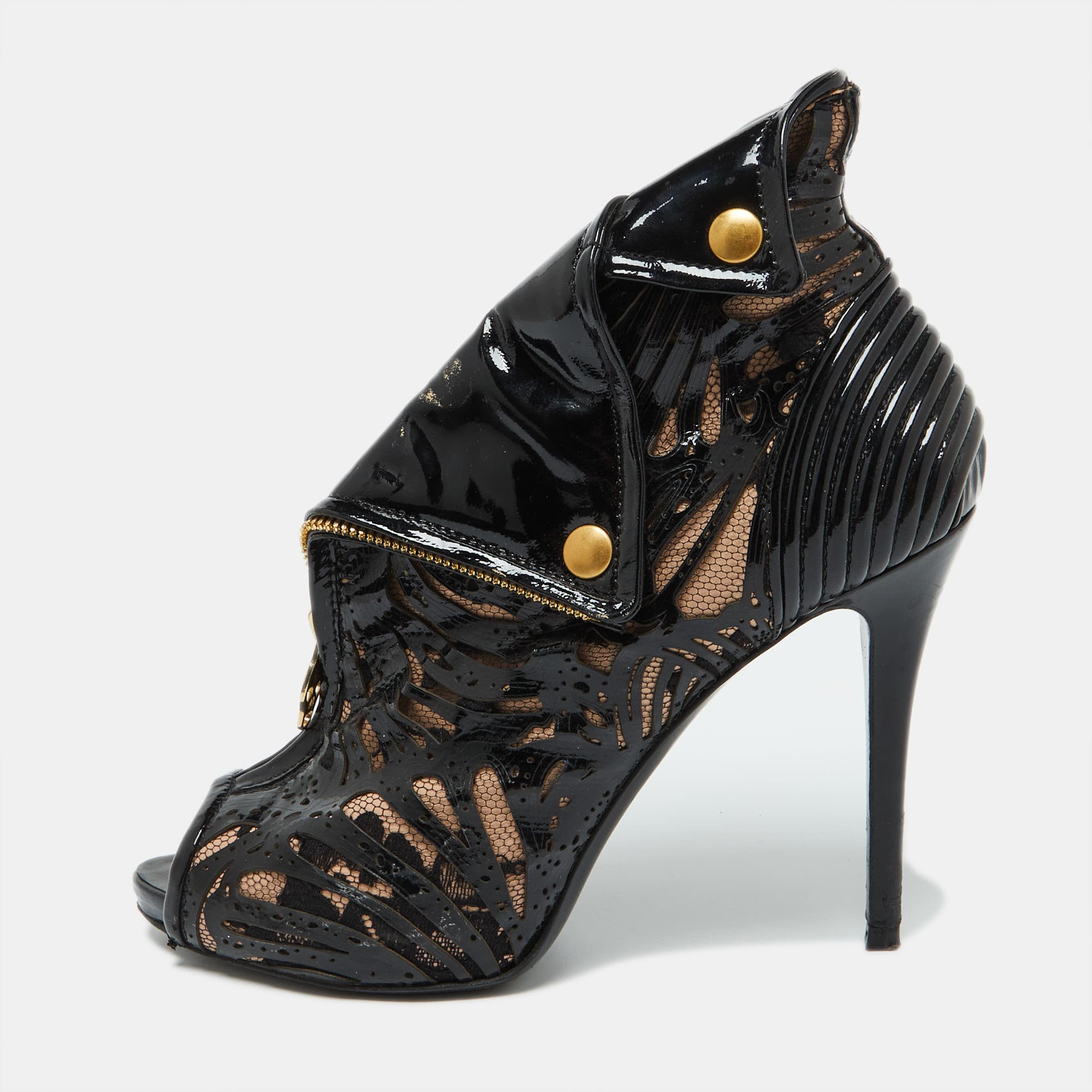 Alexander McQueen Black/Beige Patent Leather and Mesh Faithful Ankle Booties Size 38.5
