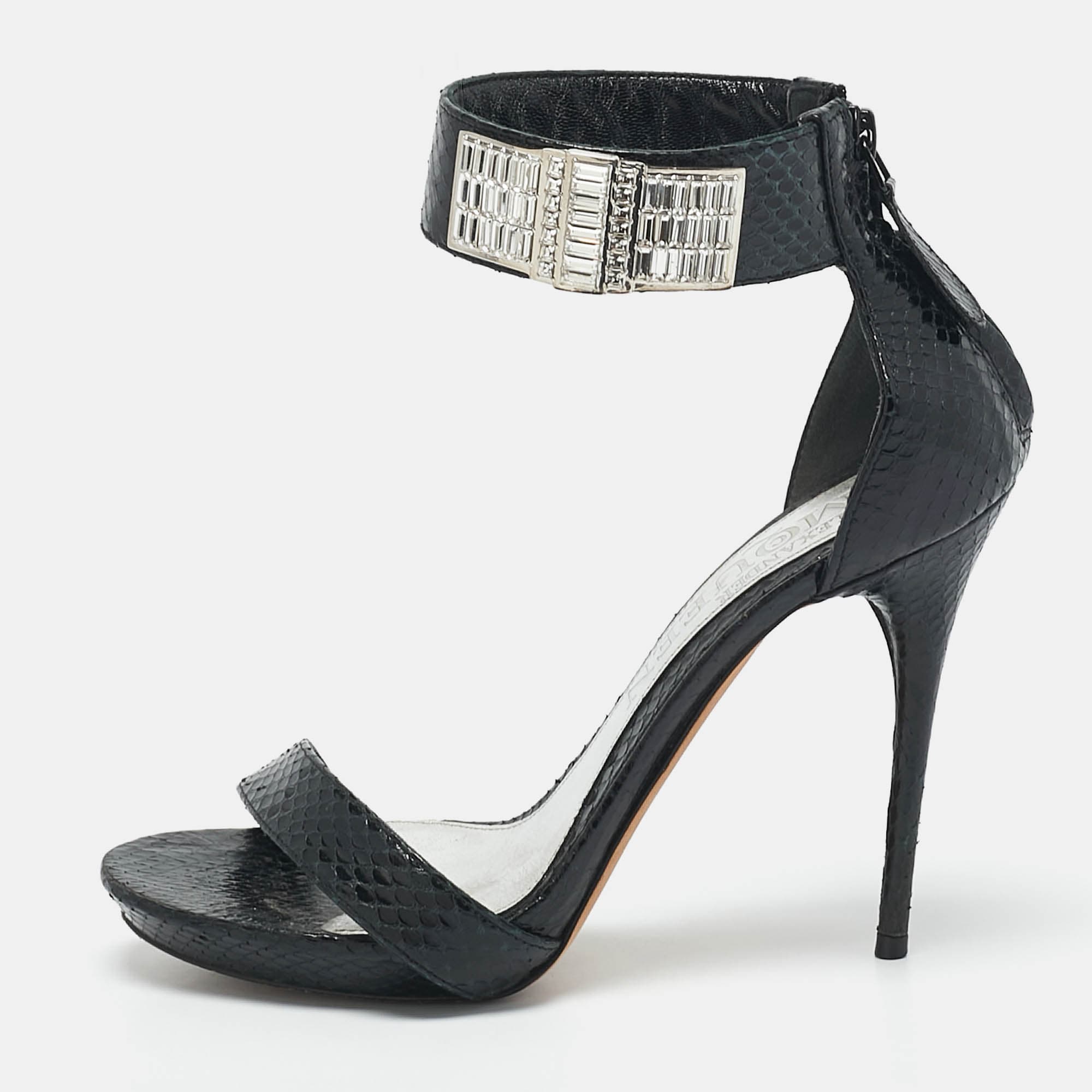 Alexander McQueen Black Snakeskin Leather Crystal Embellished Ankle Cuff Sandals Size 36