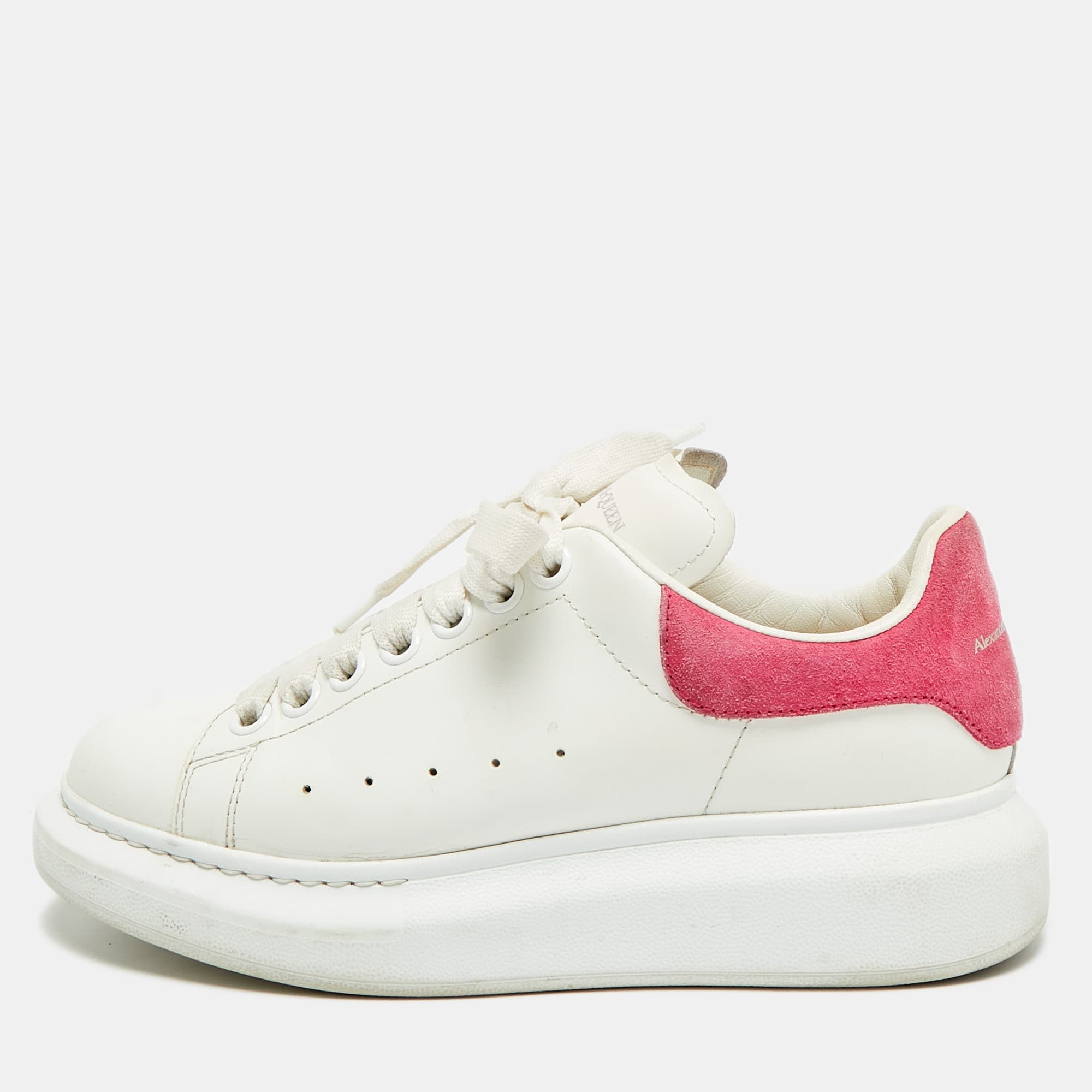 Alexander McQueen Oversized Size 37.5 White/Hot Pink Leather and Suede Lace Up Sneakers