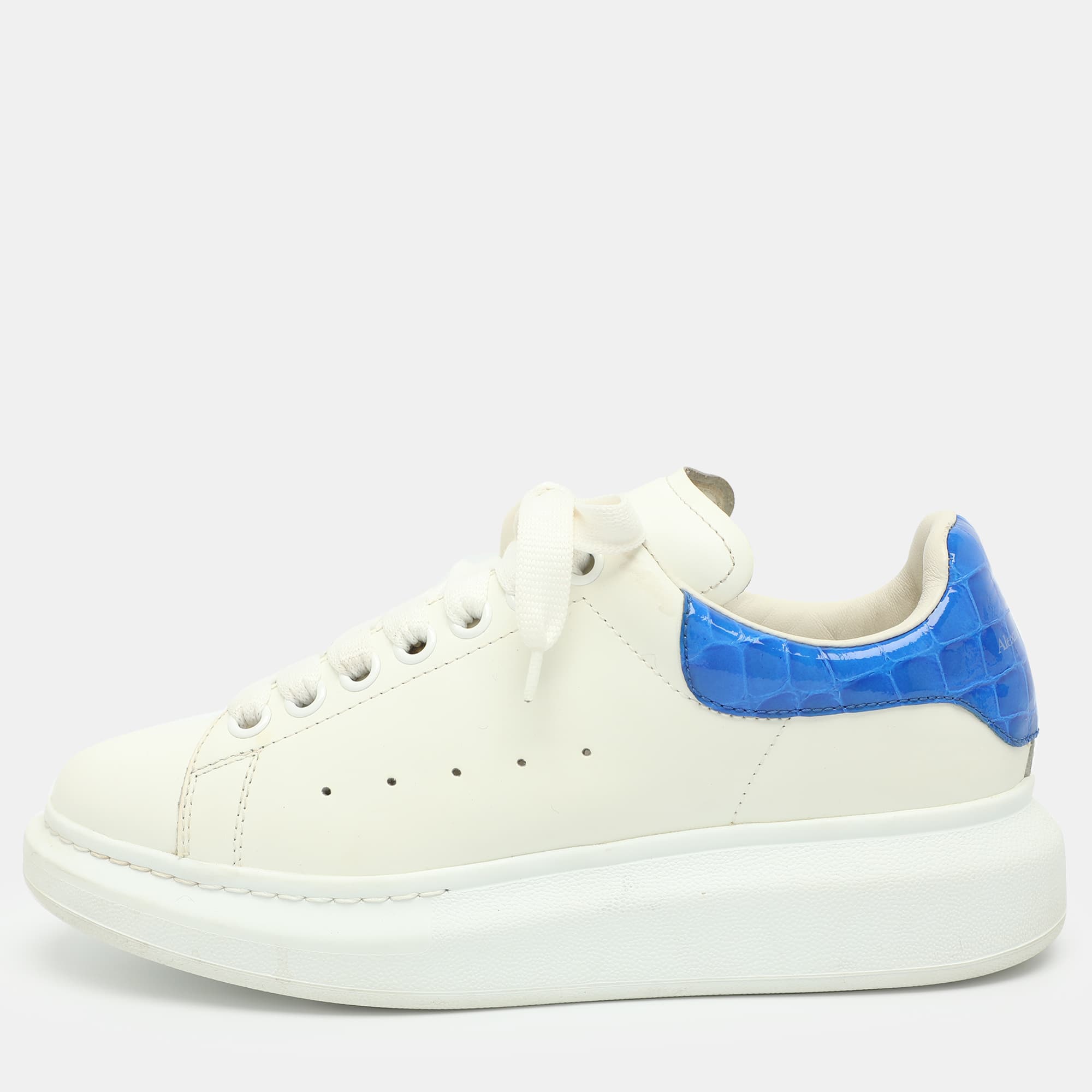 Alexander McQueen Oversized Size 38 White Croc Embossed Patent Leather and Leather Low Top Sneakers