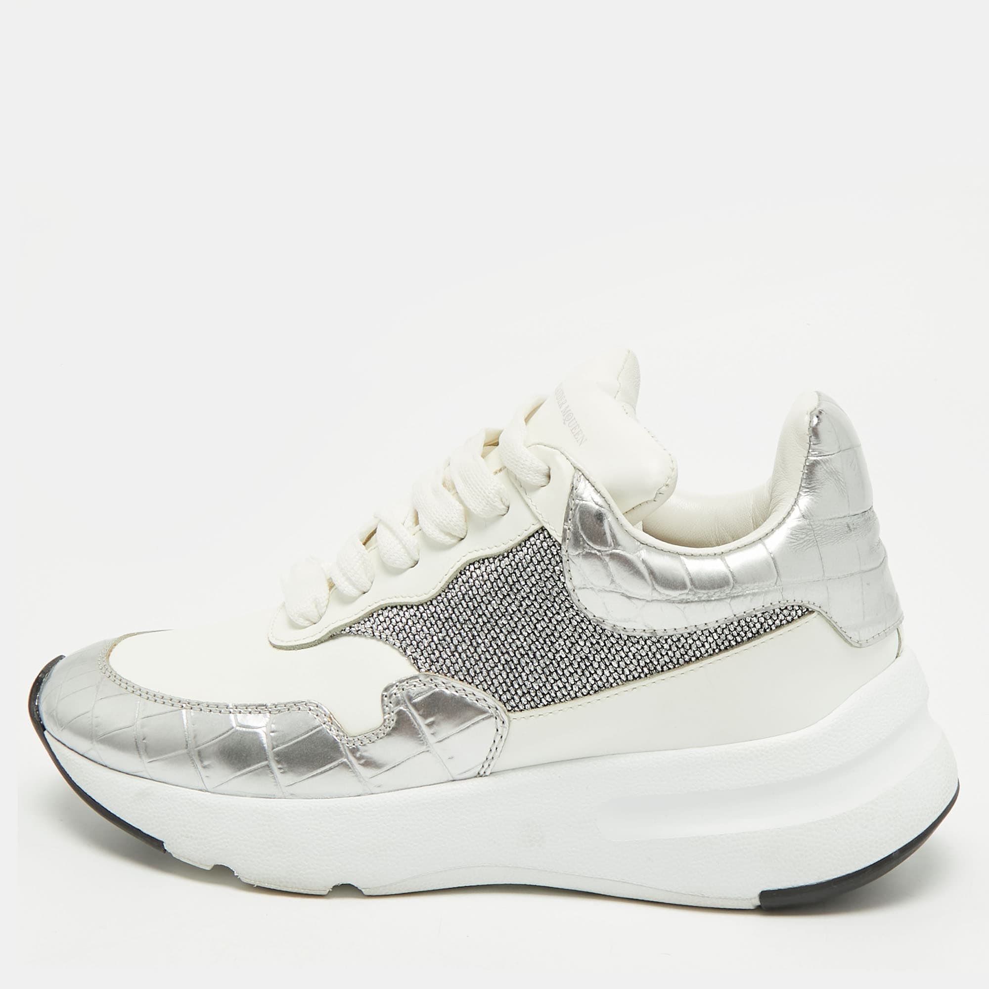 Alexander McQueen Oversized Size 36 Silver/White Croc Embossed and Leather Lace Up Sneakers